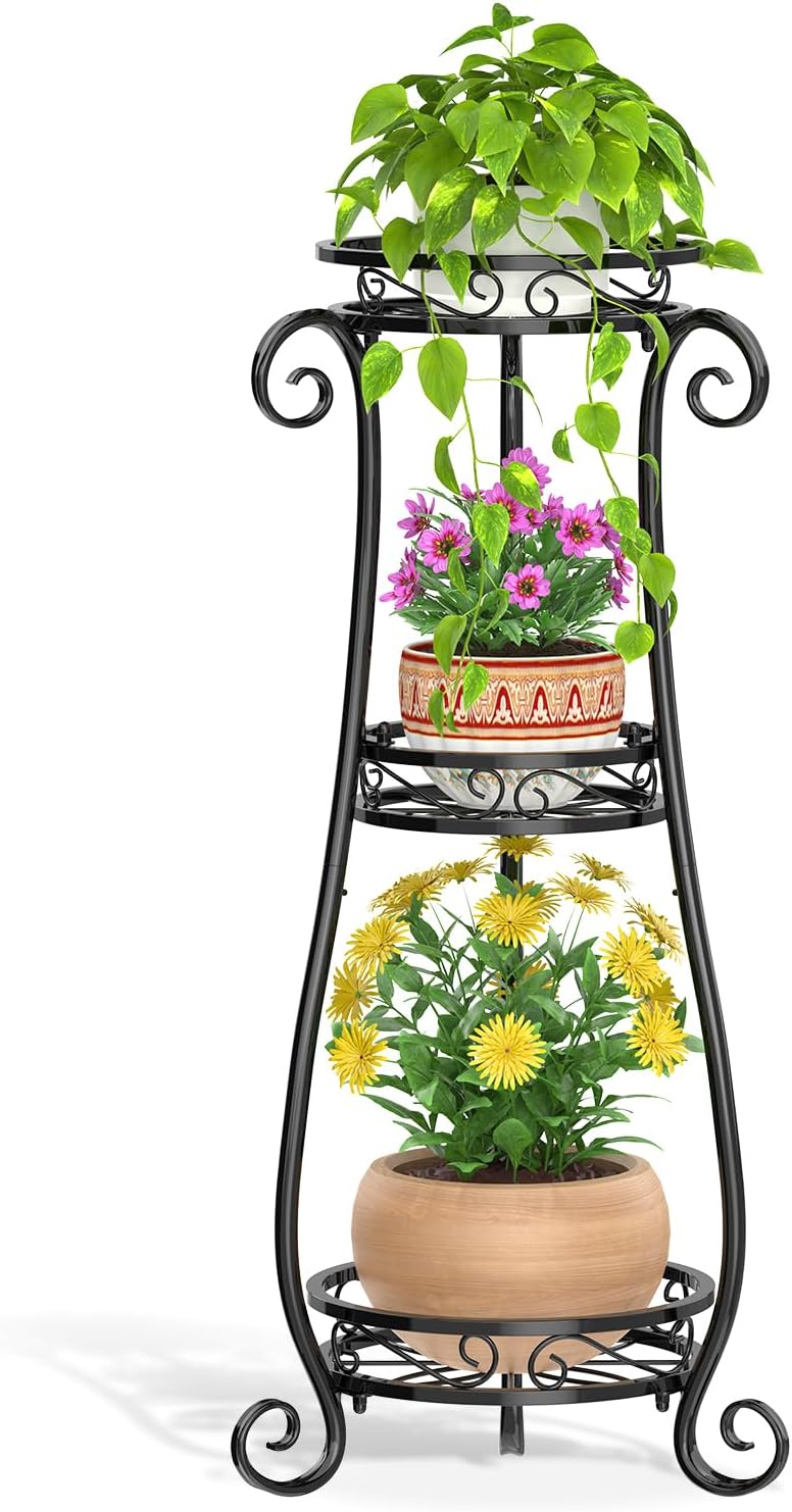 LASZOLA 3 Tier Black Metal Plant Stand for Multiple Large Planters Ind
