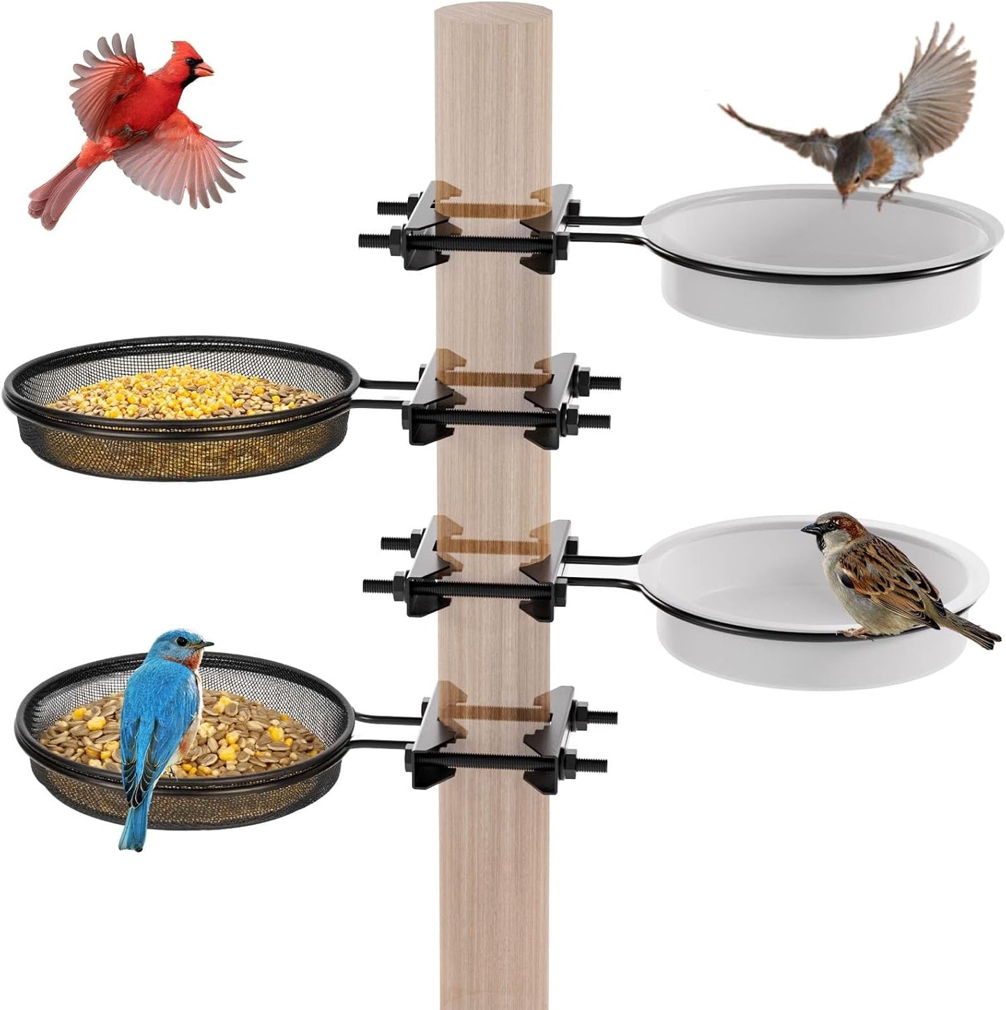 2 Pack Bird Feeder for Railing Pole, Bird Bath Feeding Station Kit with Water Bowl & Mesh Food Tray, Birdbaths & Birdfeeder Installed on Fences, Trees, Deck, Indoor and Outdoor