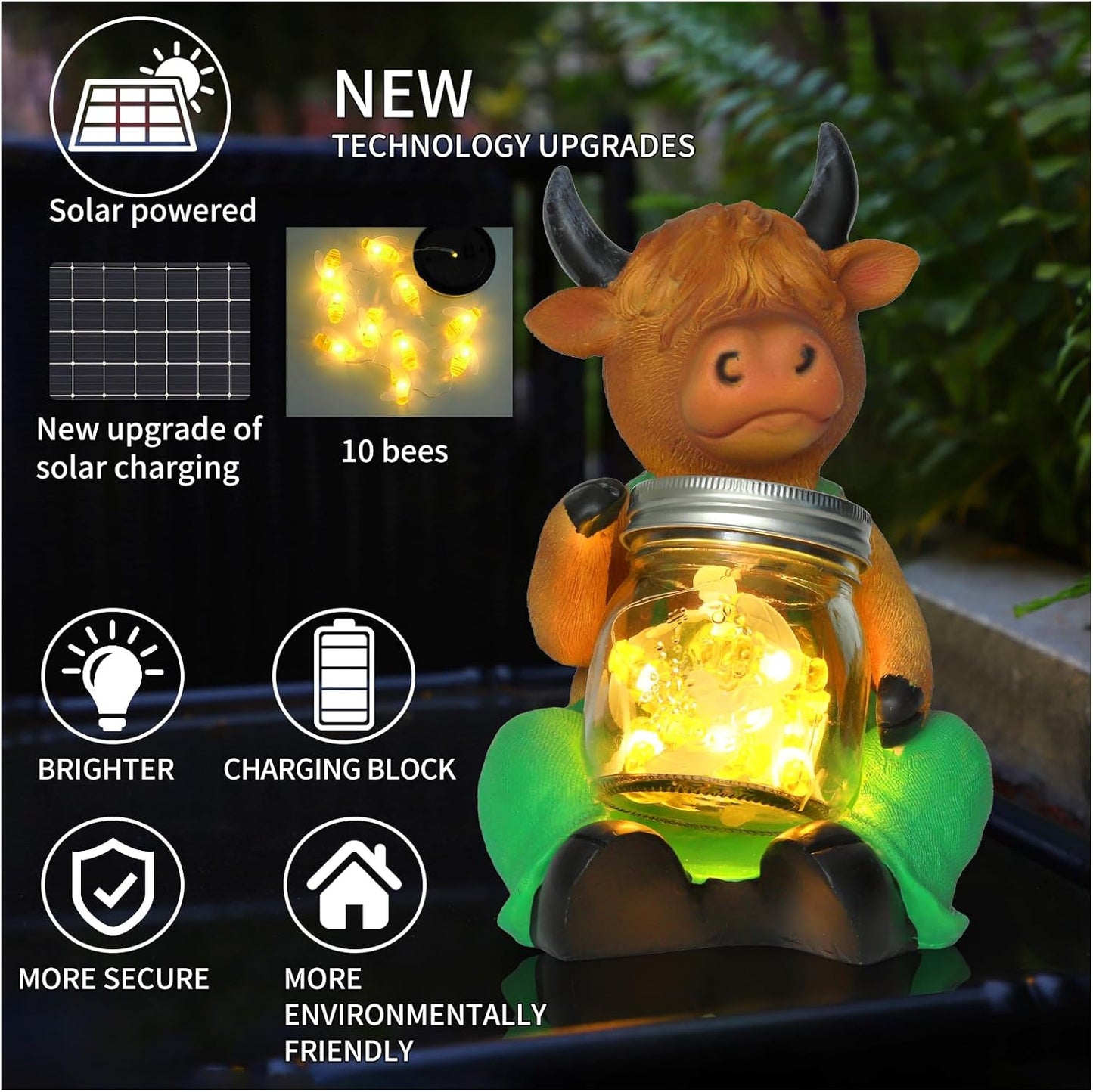 Solar Firefly Jar Highland Cow Waterproof - Garden Highland Cow Solar Outdoor LED Lights Resin Statues Lantern Figurines Decorations Birthday Housewarming Gifts for Mom Women