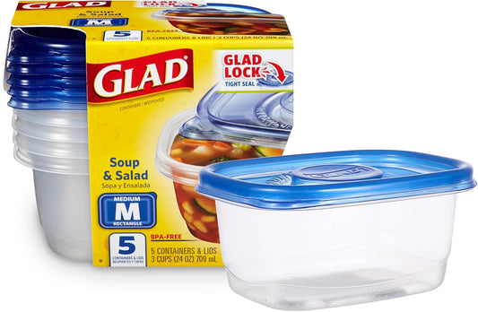 Glad GladWare Medium Rectangle Food Storage Containers with Lids, Airtight Leak-Resistant Plastic Containers for Soup Salad Meal Prep, Microwave Dishwasher Freezer Safe, 24 Oz, 5 Count
