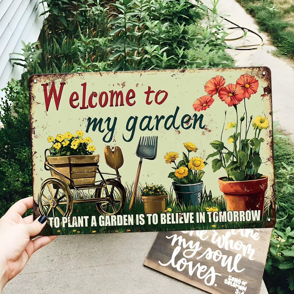 Welcome to My Garden Tin Sign Vintage Metal Sign Flowers and Tools Gardening Gifts Decorations for Home Greenhouse Living Room Bedroom Yard Backyard Outdoor Decor 8X12 Inch