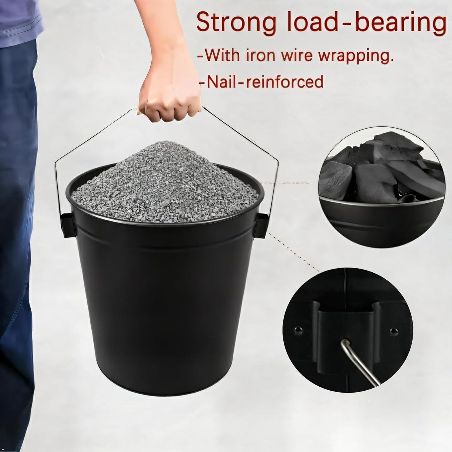 Ash Bucket with Lid and Shovel, Hand Broom and Stick, 5.2 Gallon Large Metal Ash Bucket for Fireplace Tools Set, Fire Pits, Wood Burning Stoves, Indoor and Outdoor, Camping, Grill, Black