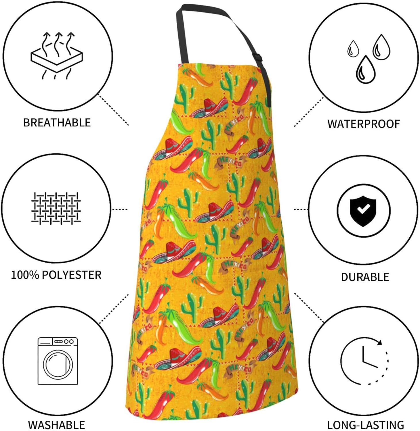 Cactus Hat and Chili Pepper print Waterproof apron with pocket adjusta