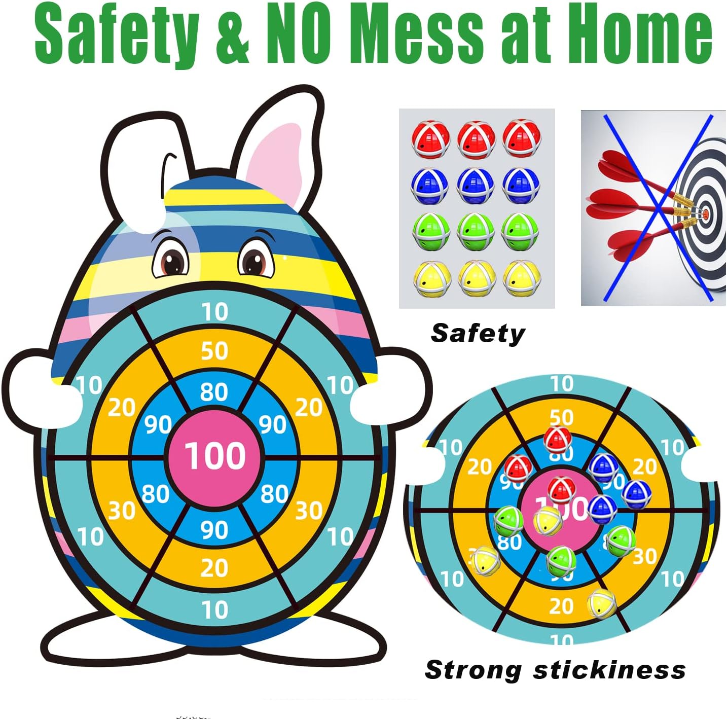 Easter Basket Stuffers, 30” Large Bunny Dartboard Game with 12 Sticky 