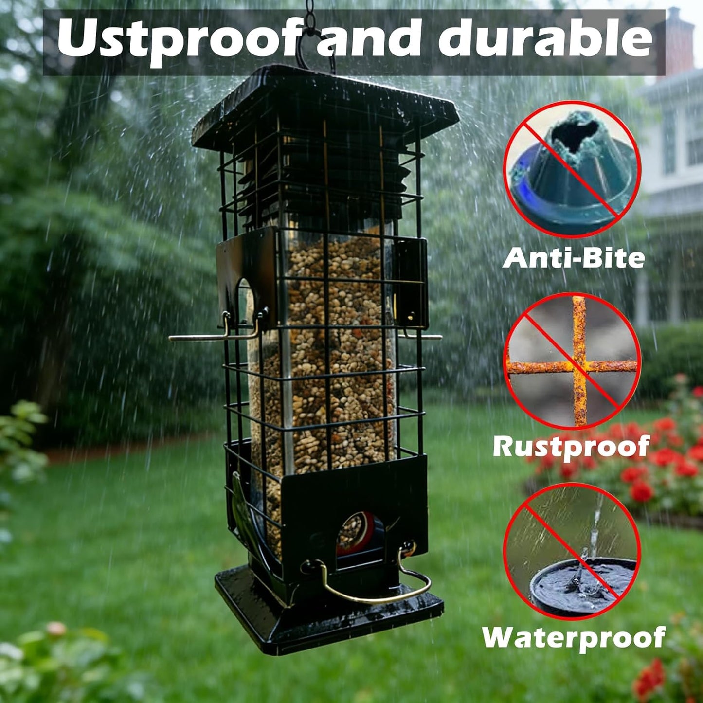 Squirrel Proof Bird Feeders for Outdoors Hanging, Metal Wild Bird Feeder with 4 Feeding Ports | 2.5 LB Capacity, Weather-Resistant for Year-Round Use,Dark Grey