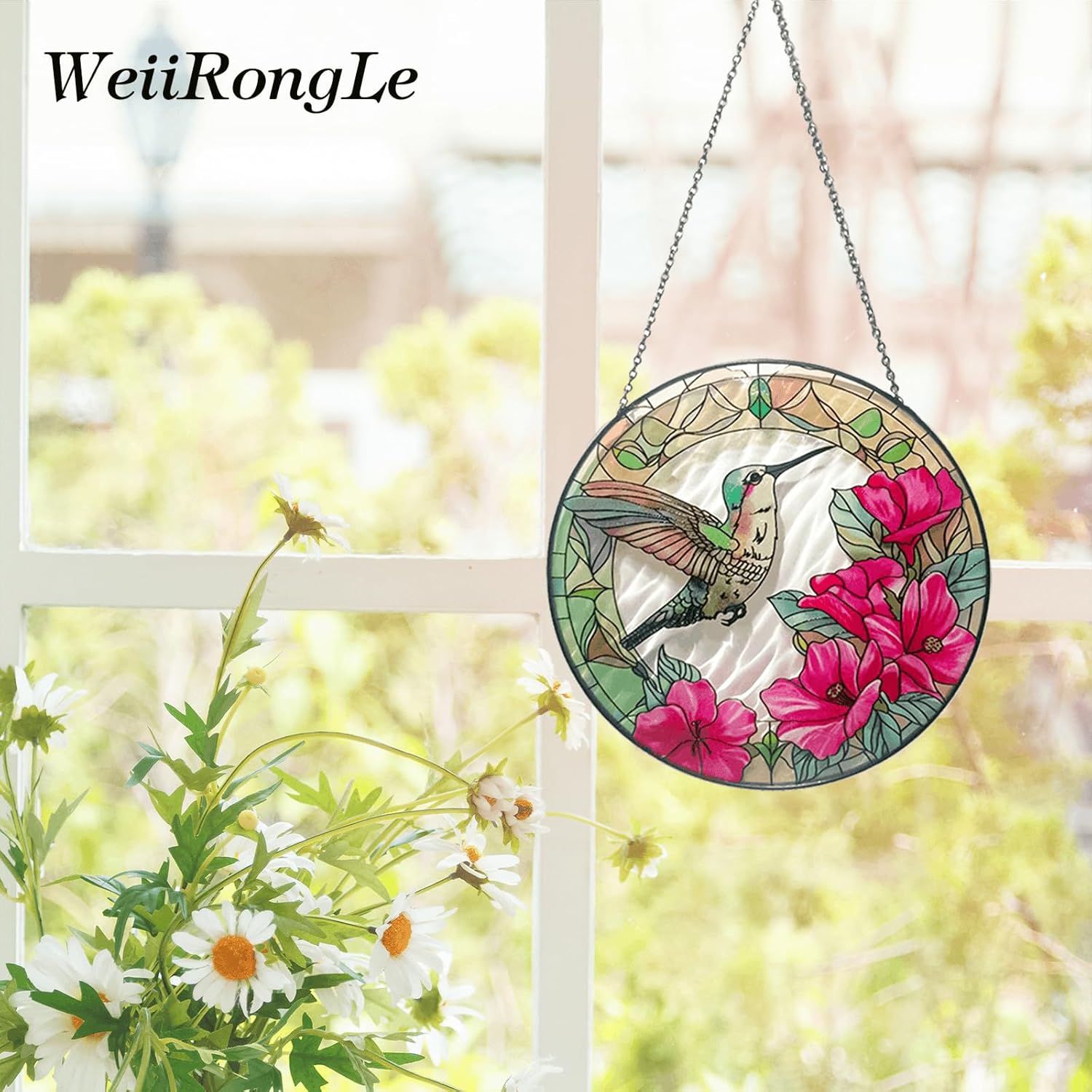 Handmade Stained Glass Hummingbird Suncatcher, 8 inch Real Glass Windo