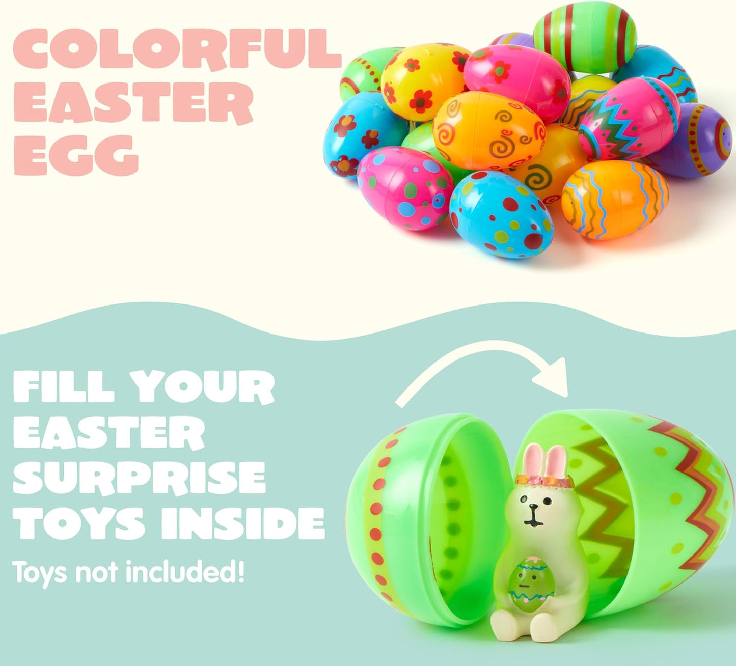 JOYIN Toy 36 PCs Plastic Printed Bright Easter Eggs, Over 3.15'' Tall Fillable Empty Eggs Bulks for Easter Hunt, Basket Stuffers Fillers, Classroom Prize Supplies, Filling Treats and Party Favor