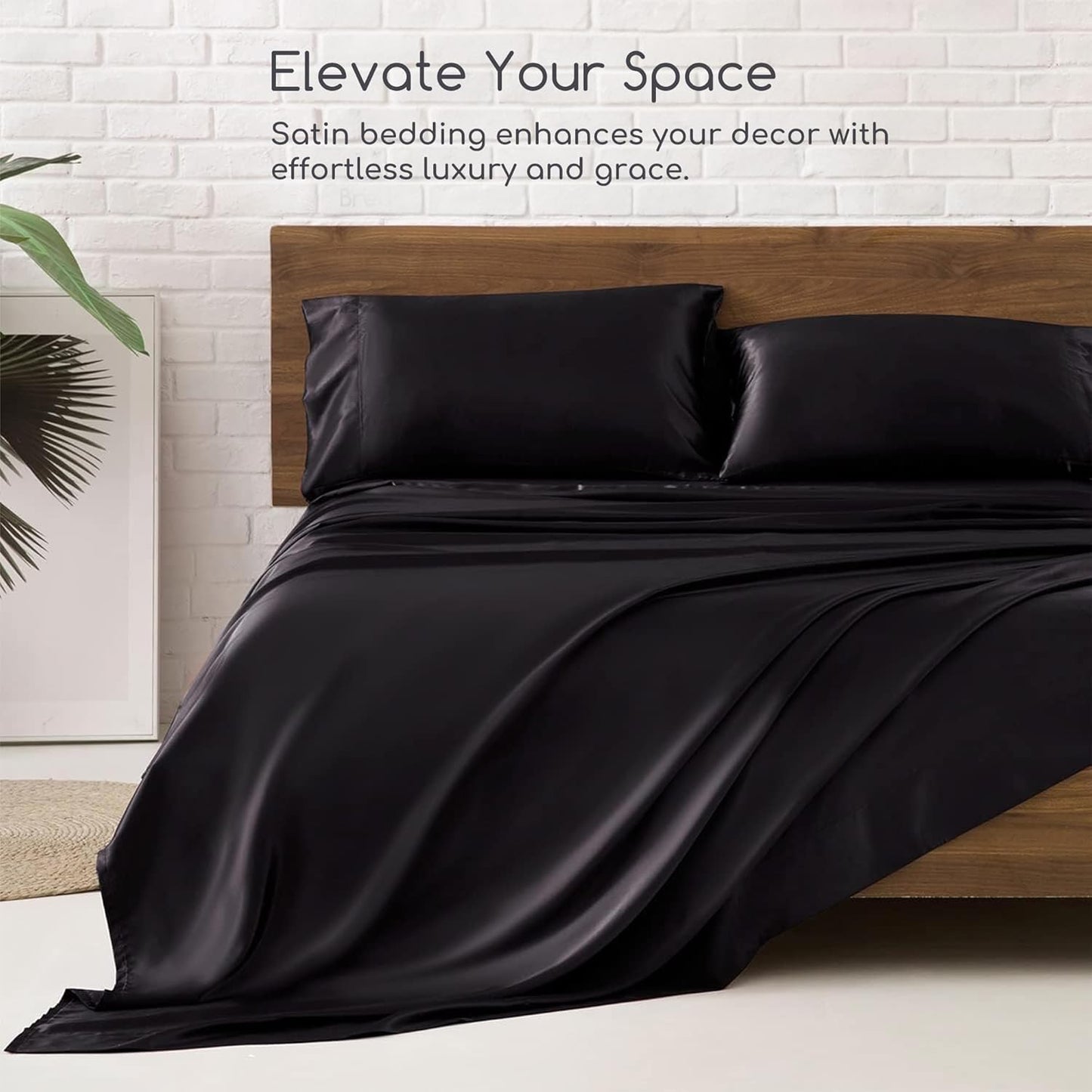 MR&HM Satin Bed Sheets, Queen Size Sheets Set, 4 Pcs Silky Bedding Set with Elastic Corner Straps and 15 Inches Deep Pocket for Mattress (Queen, Black)