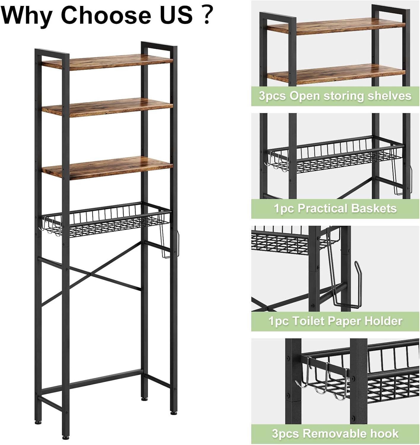 Over-The-Toilet Storage Rack, 4-Tier Bathroom Organizer Shelf Over Toilet with Adjustable Shelf and Basket, Freestanding Space Saver Bathroom Shelves Above Toilet for Room (Vintage Brown)