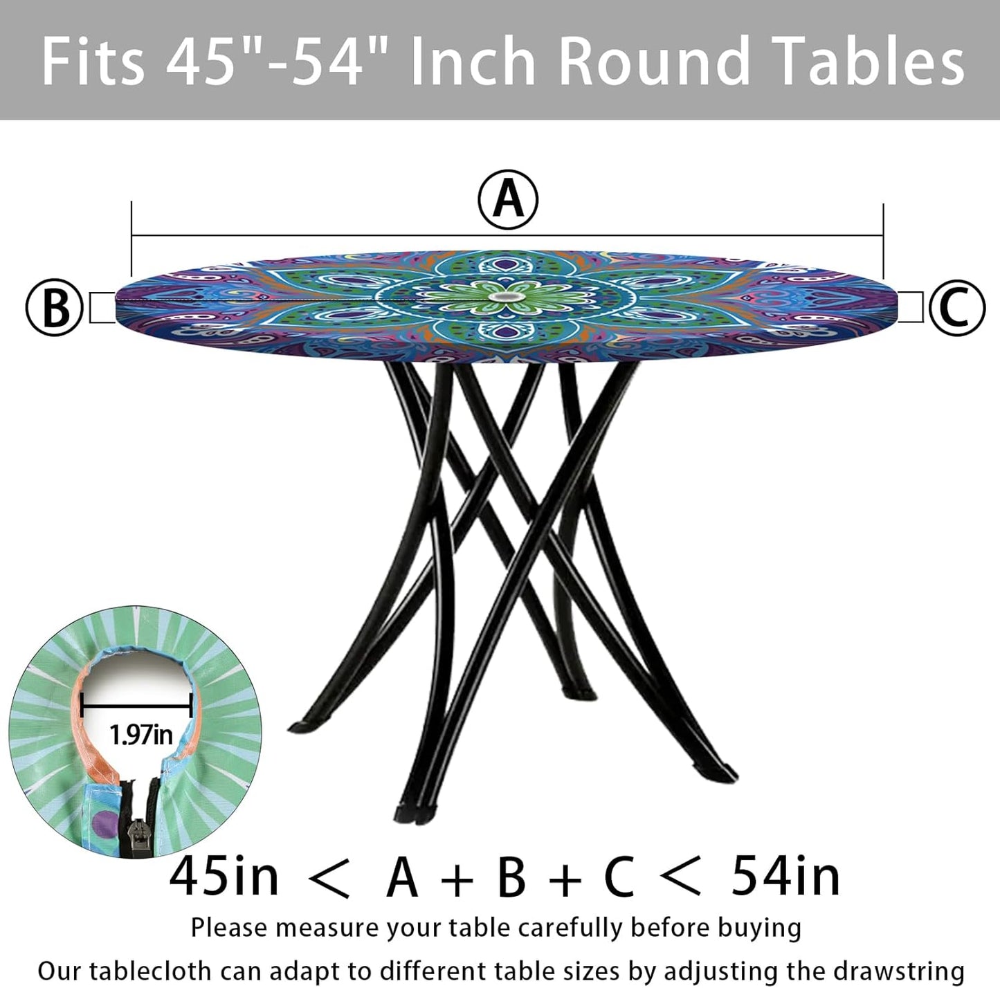 Round Fitted Outdoor Tablecloth with Umbrella Hole and Zipper Vinyl Waterproof Patio Picnic Camping Essential for 45-54" Table Summer Garden Rv Organizer Gift for Camper Husband Wife