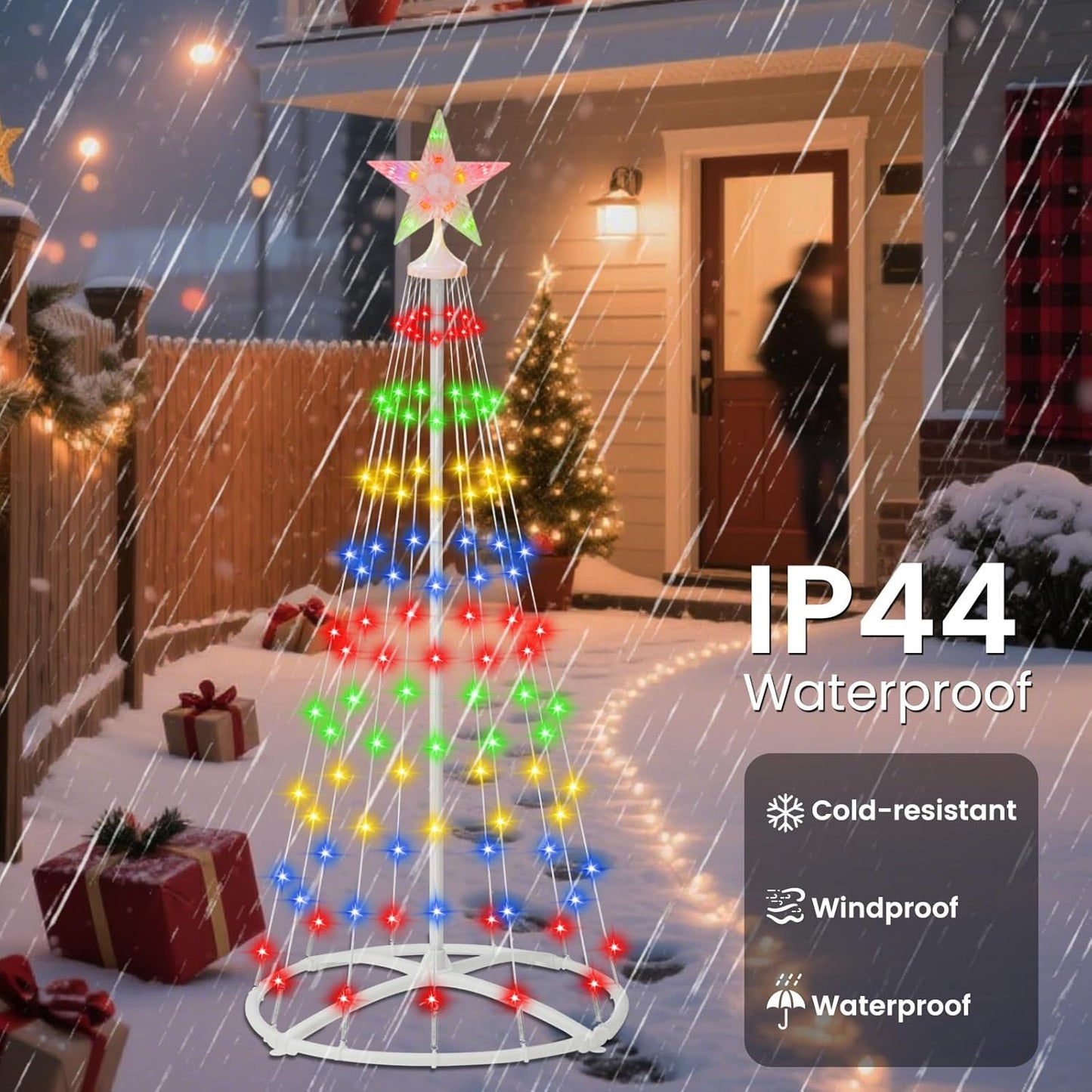 IDEAALS 4FT 118LED Outdoor Solar Christmas Cone Tree Lights, 8 Modes Timer Remote RGB Christmas Tree Lights with Star Topper for Xmas Yard Porch Patio Holiday Decor