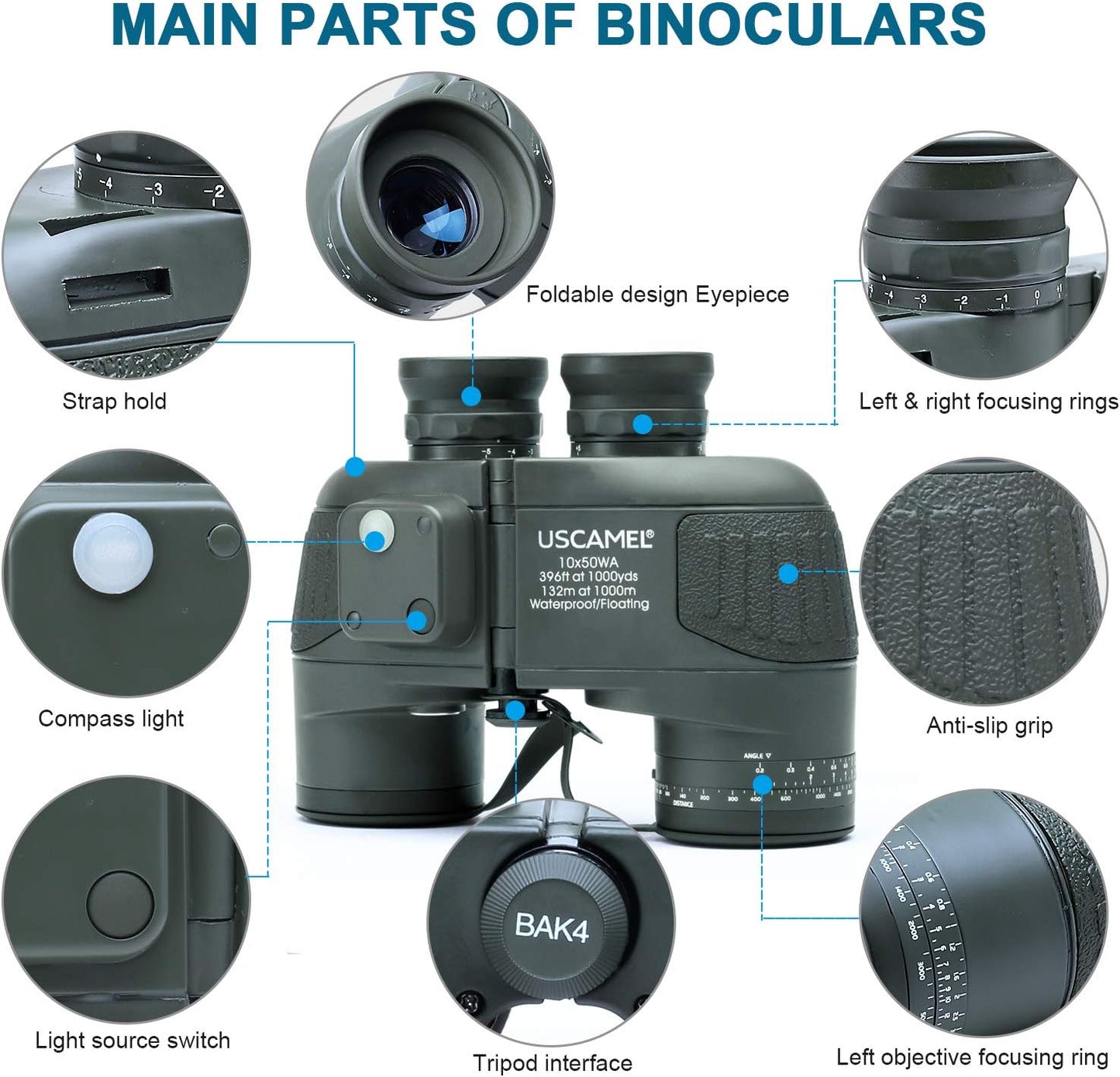 USCAMEL 10X50 Marine Binoculars for Adults with Rangefinder Compass, Waterproof Marine Binoculars for Sailing Boating Fishing