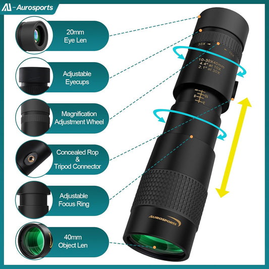 Aurosports 10-30x40 Zoom Monocular for Adults, Monocular Telescope Hig