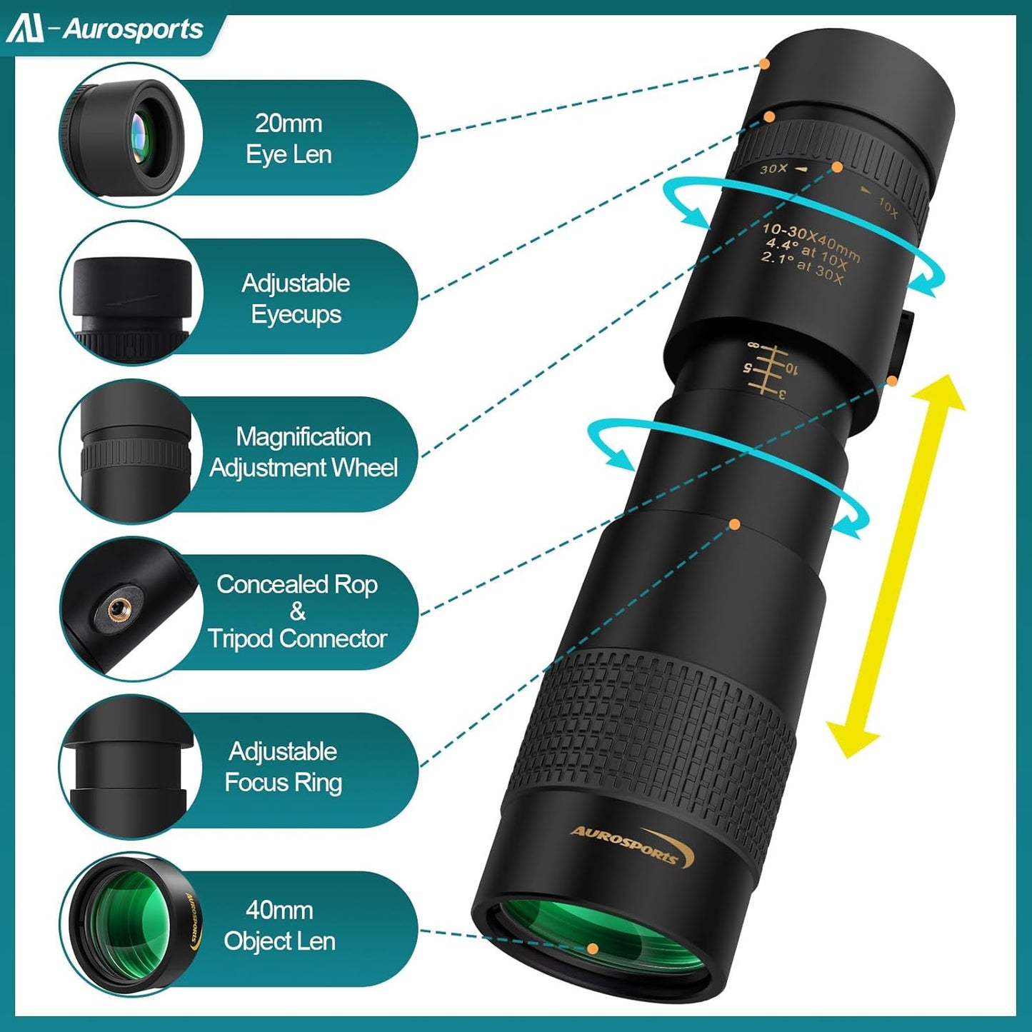 Aurosports 10-30x40 Zoom Monocular for Adults, Monocular Telescope High Power with Bak4 Prism, Compact Monoculars for Bird Watching Traveling Hunting Camping - Gift for Men