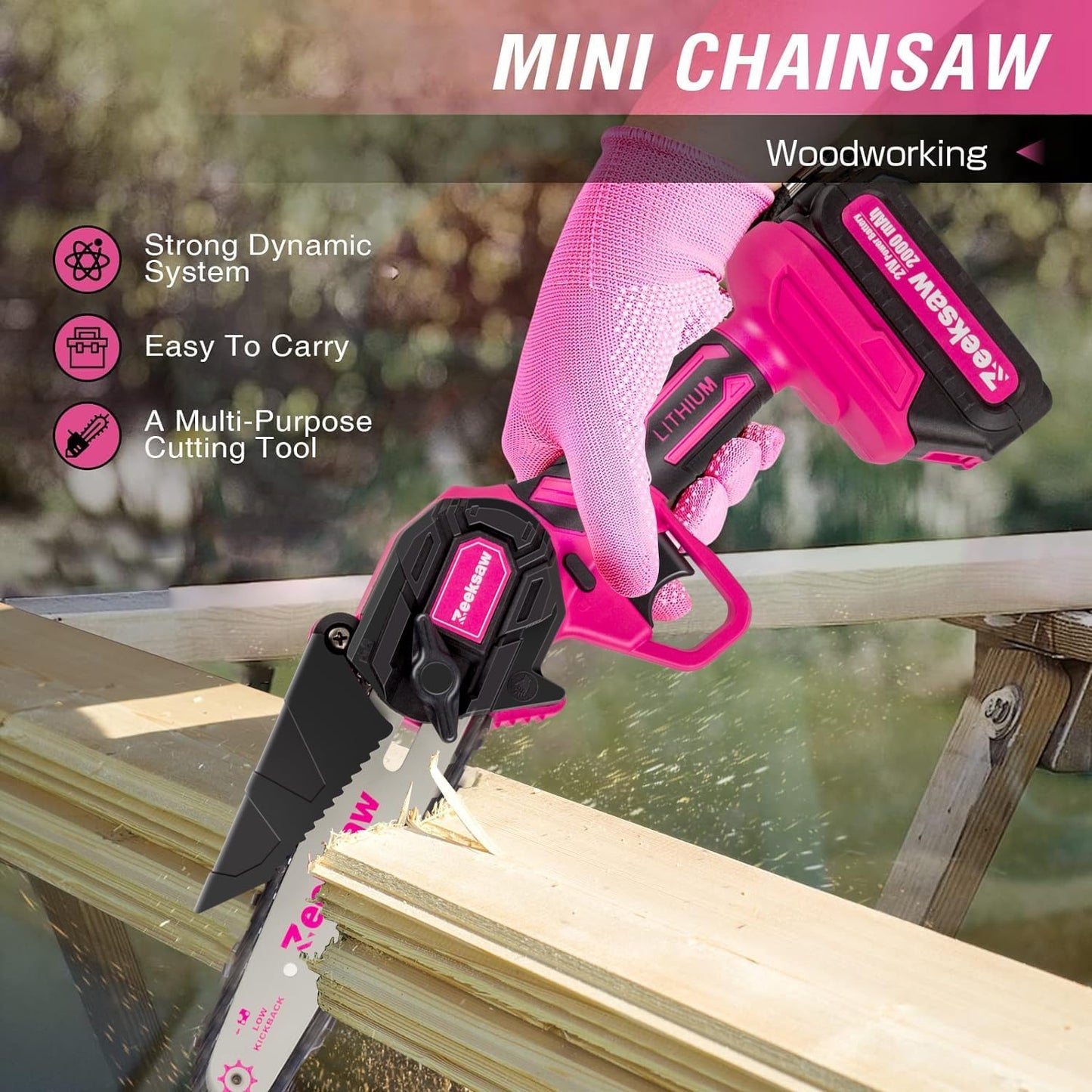 Pink Mini Chainsaw Cordless 6 inch - Electric Hand Held Chain Saw Batt