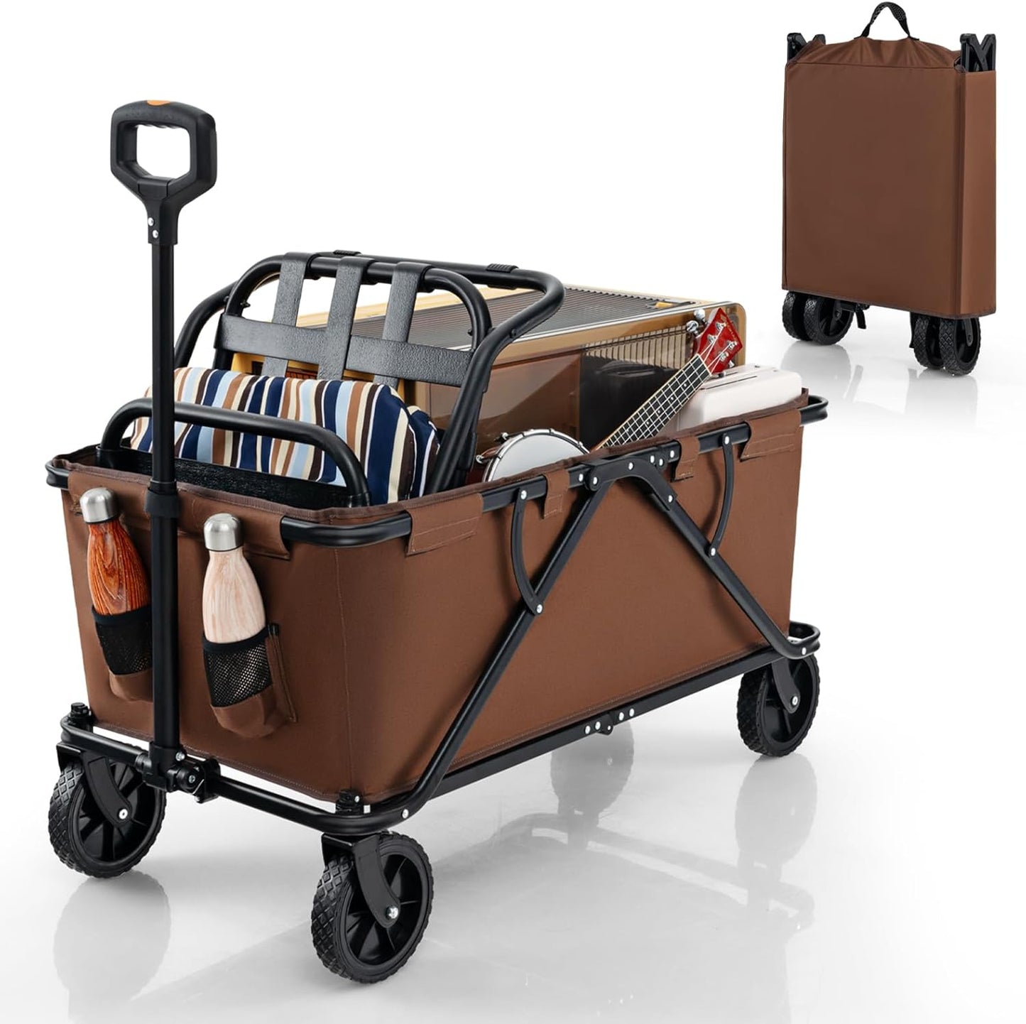 GYMAX Collapsible Wagon Cart Heavy Duty, Beach Wagon with Adjustable Handlebar, Bottle Holders & All-Terrain Wheels, Utility Wagon Foldable for Camping, Shopping, Garden, Sports (Brown)