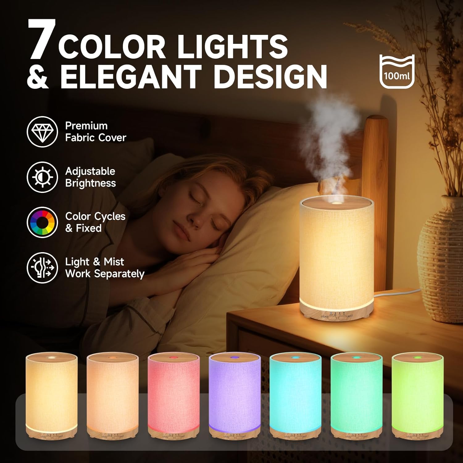 URPOWER 100ML Essential Oil Diffusers for Home with Linen Cover 7 Colo
