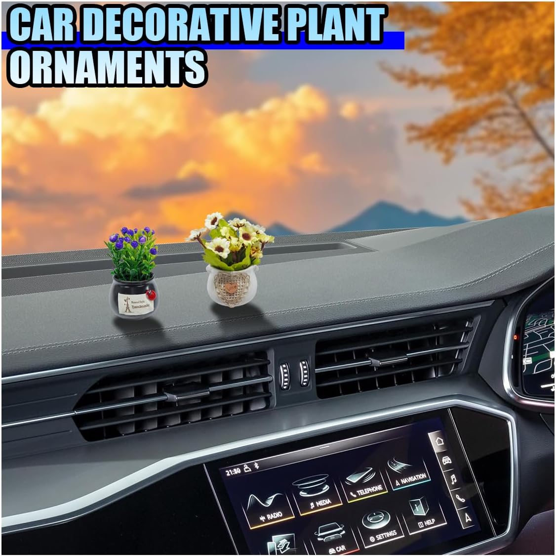 2PCS Cute Flower Bouquet in Pottery Vase Car Dashboard Ornament for Women Interior Aesthetic, Miniature Artificial Plant Car Center Console&Dashboard Decoration for Home Office (Purple/Beige)