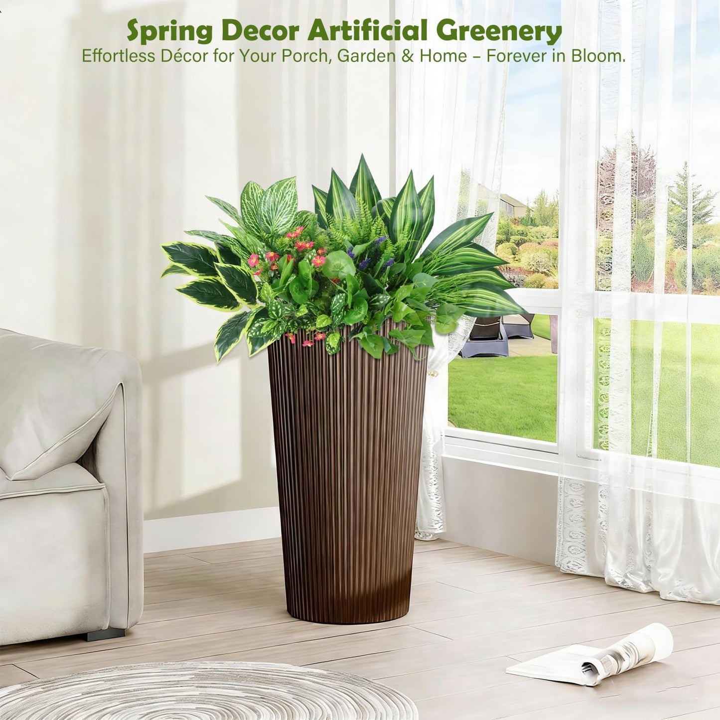 14 Bundles Artificial Greenery Outdoor UV Resistant,Realistic Faux Plants Flowers,Fake Bushes Shrubs Silk Flower for Pot Planter Window Box Garden Porch Indoor Spring Decor