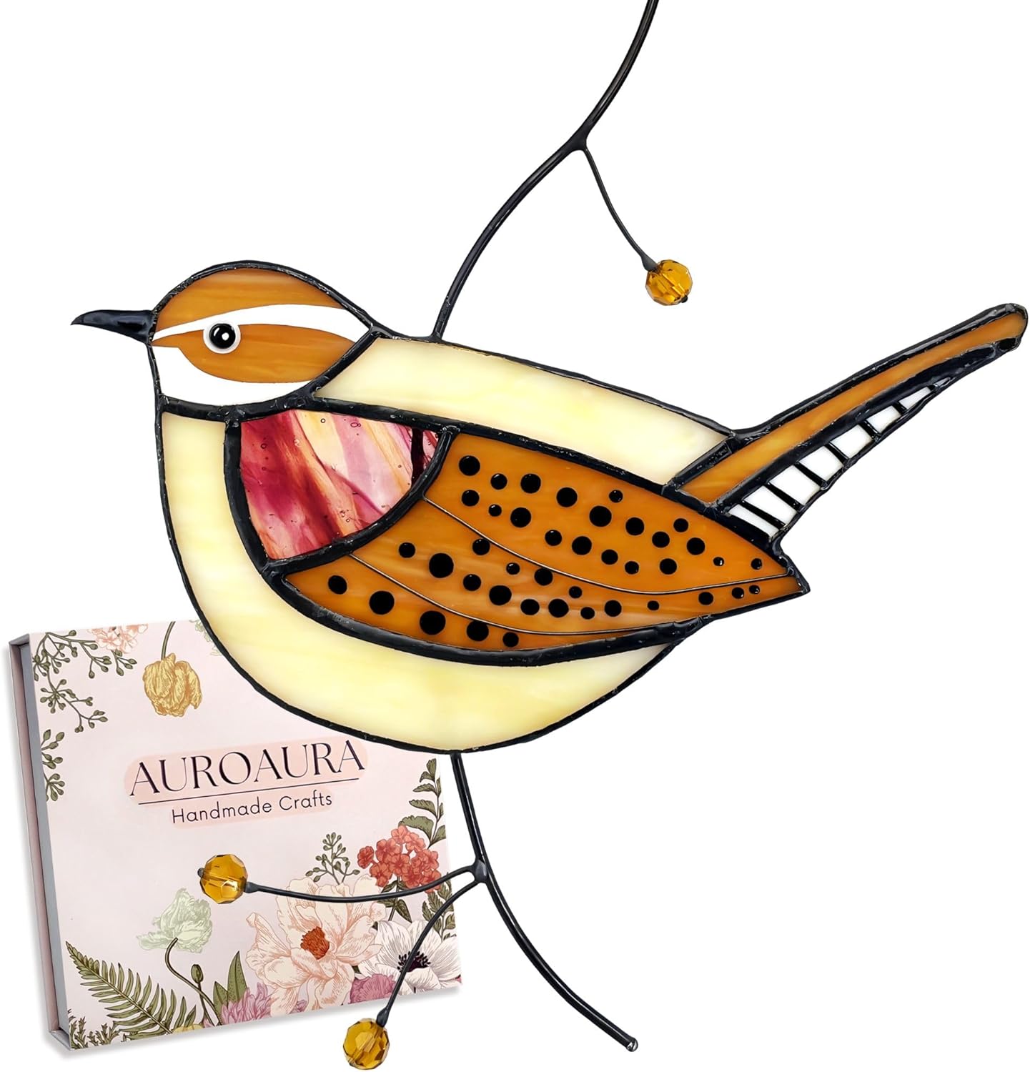 Carolina Wren Stained Glass Window Hanging - Handmade Real Glass Bird Suncatcher for Women, Mom, Grandma - Elegant Gifts Box Home Decor (H7.9xW6.1 Inch)