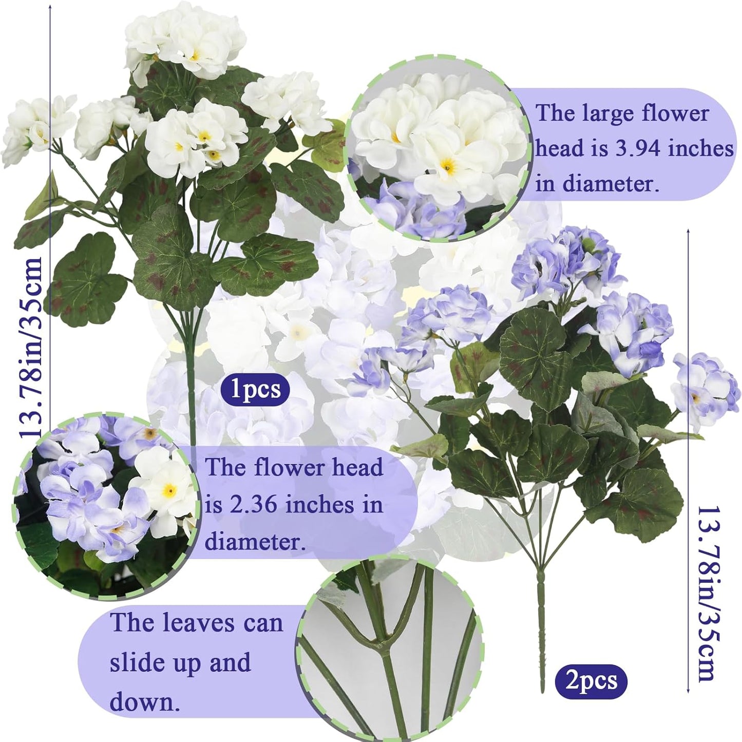 3 Pcs Artificial Flowers for Outdoors Silk Geraniums Flowers UV Resistant Realistic Faux Geraniums for Outdoor Planters Pot Patio Garden Hanging Basket Porch Indoor Decor Light Purple and White