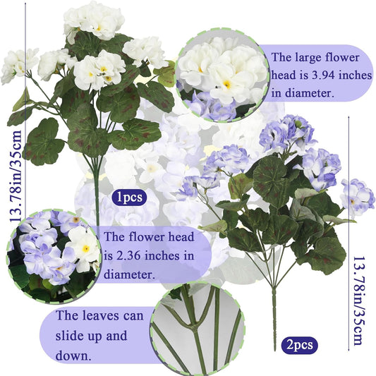 3 Pcs Artificial Flowers for Outdoors Silk Geraniums Flowers UV Resistant Realistic Faux Geraniums for Outdoor Planters Pot Patio Garden Hanging Basket Porch Indoor Decor Light Purple and White
