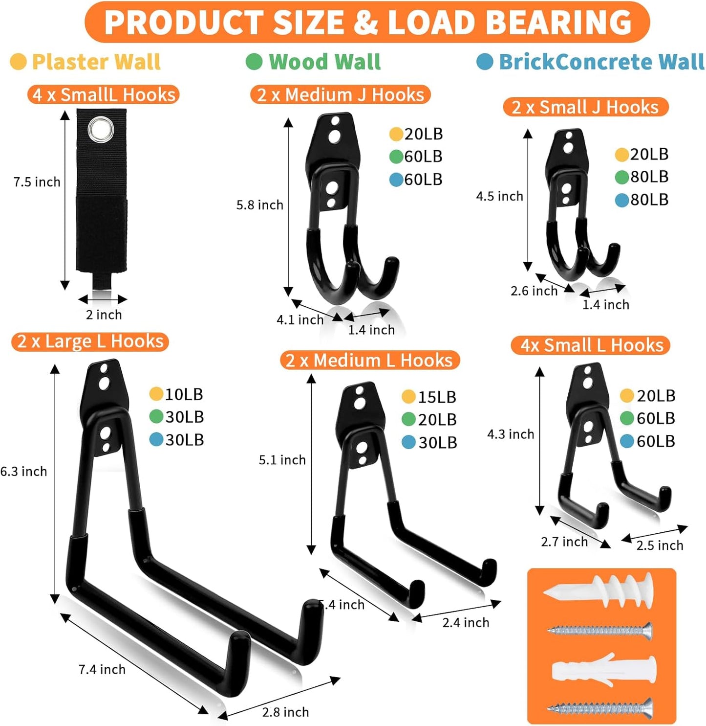 12 Pack Garage Hooks Heavy Duty, Wall-Mount Storage Hooks with Non-Slip Coating, Includes Screws & Anchors + 2 Extension Cord Straps, Shed Hooks for Hanging Bikes, Ladders, Garden Tools, Hoses, Ropes