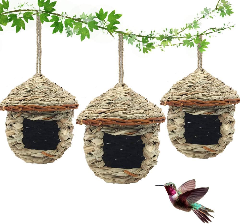 3 Pack Hummingbird House, Hand Woven Bird Nest for Outdoors Hanging, Small Grass Bird Houses for Outside, Natural Fiber Bird Hut Roosting Pocket for Finch Canary Chickadee