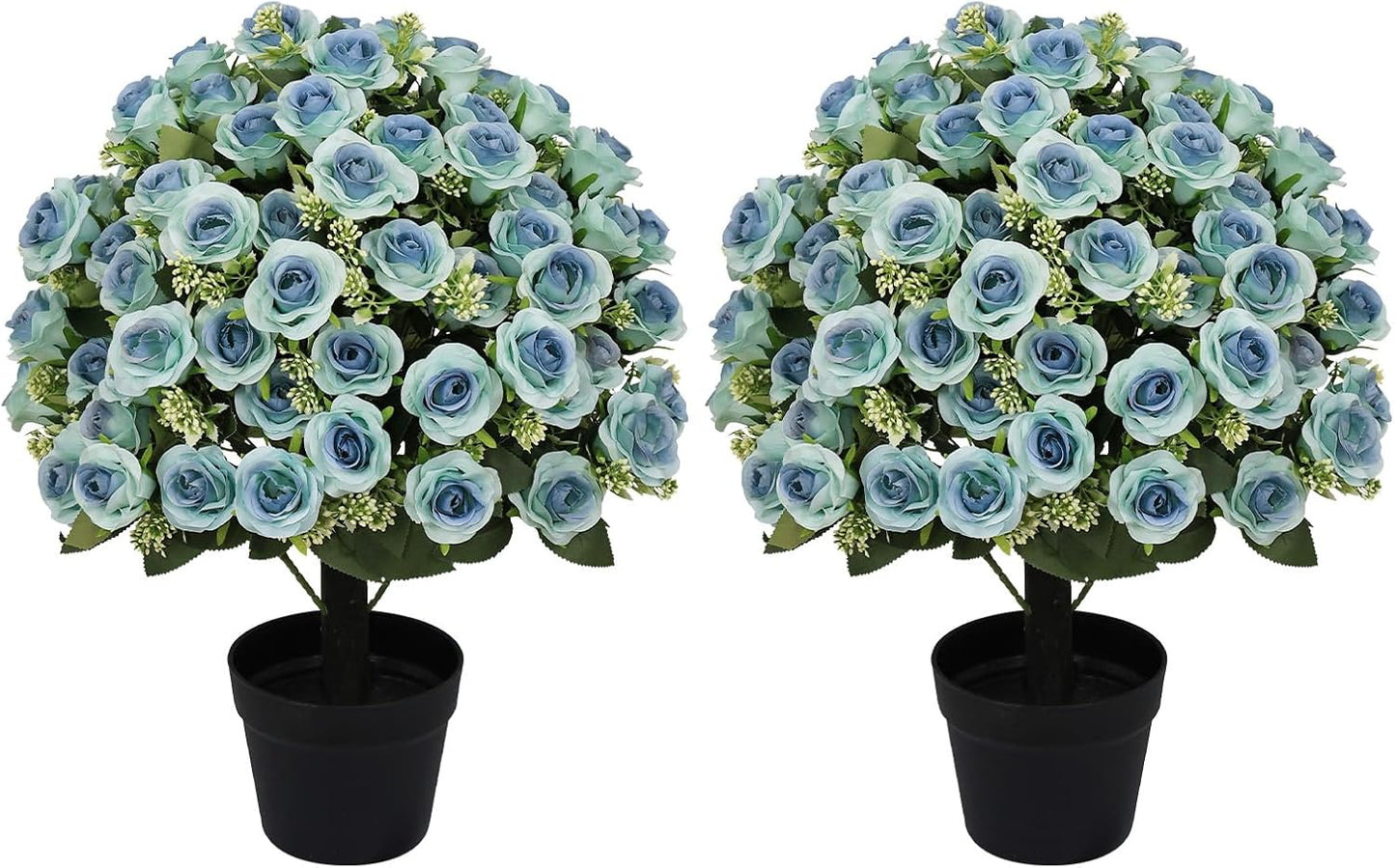 24” Artificial Flowers for Outdoors, Set of 2 Realistic Faux Blue Roses in Cement Pots, UV Resistant Fake Plants Look Real for Front Porch, Entryway & Indoor Spring Decor