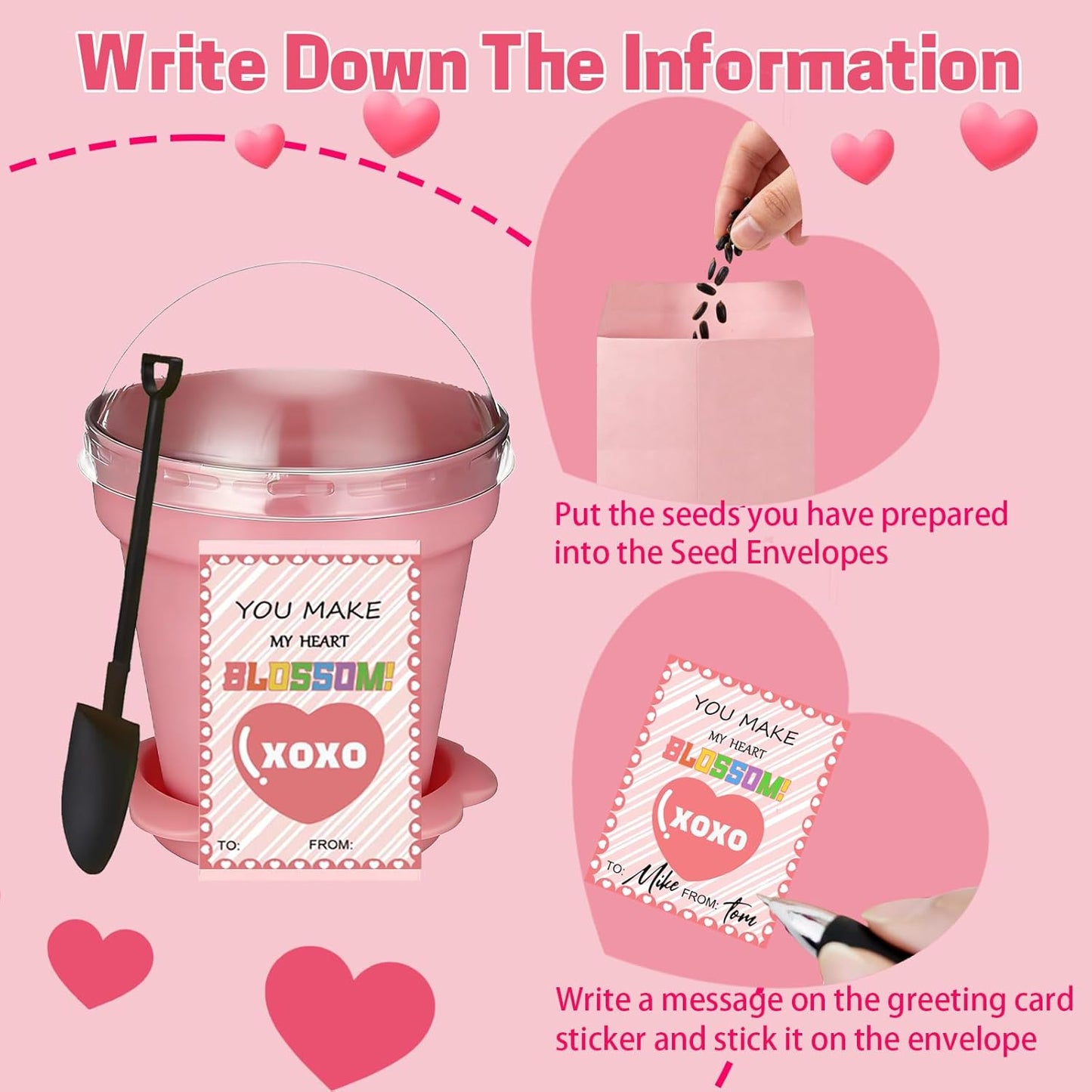 24 Set Valentines Day Cards for Kids Classroom,Nursery Pots with Humidity Dome Shovel and Seed Packet,Small Plastic Plant Pots Valentines Party Favors for Classroom Exchange (Not Included Seeds)