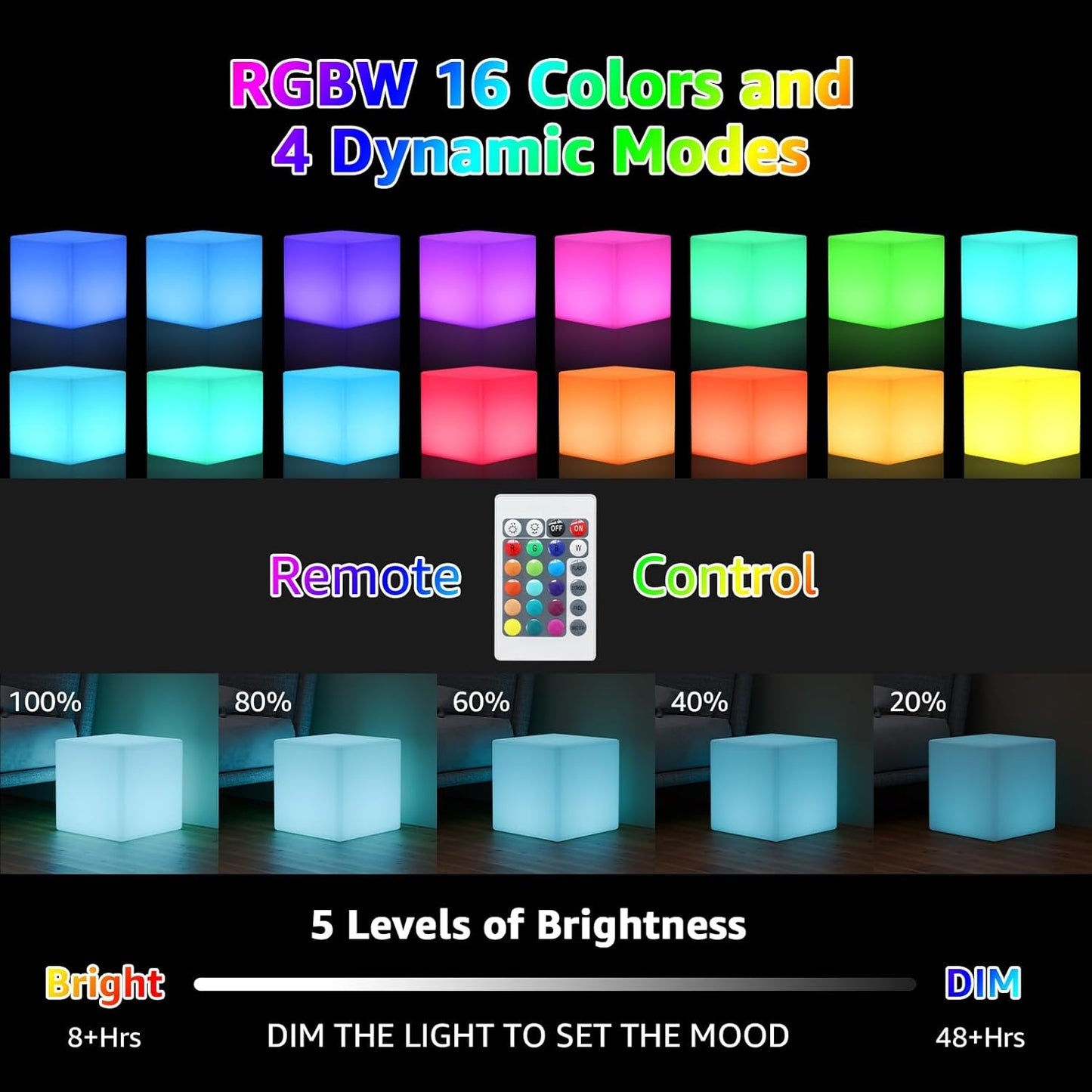 FUYO 12-inch Rechargeable LED Cube Chair Light, Solar Light Up Cube Chair, Led Cube Seat with Remote, 16 RGB Colors Kids Night Light, IP66 Waterproof Glow Lamp Chair for Home Patio Garden Party