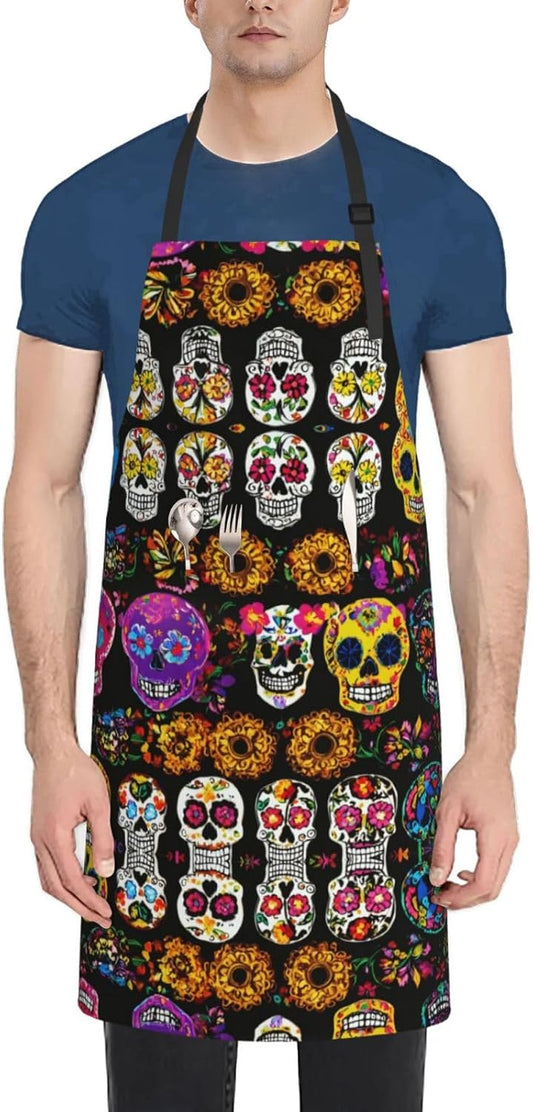 Rose Skull print Waterproof chef's apron with pocket apron for kitchen cooking baking barbecue and gardening