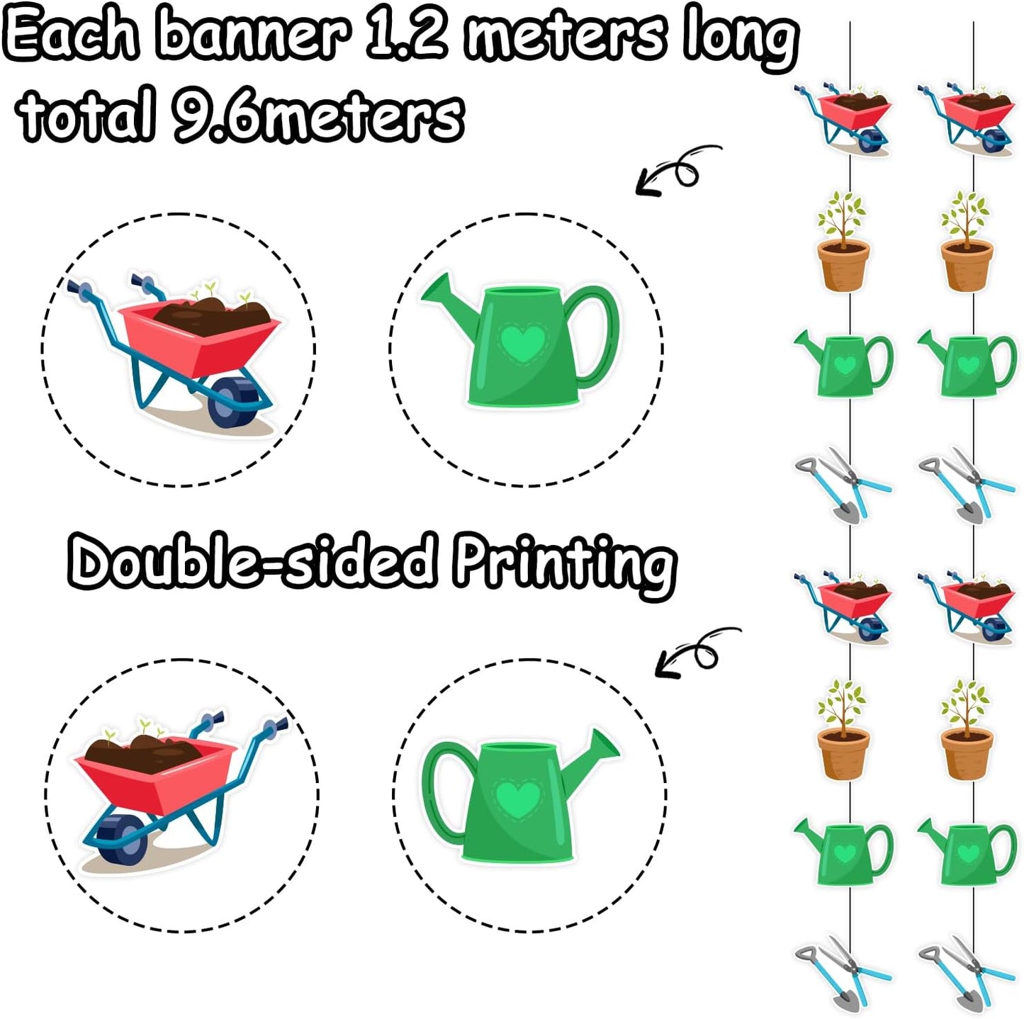 JOYMEMO 8 Pcs Garden Tools Themed Garland Streamers - Gardening Tool Birthday Decorations for Boys Girls Women Men, Hanging Ceiling Decor Party Supplies