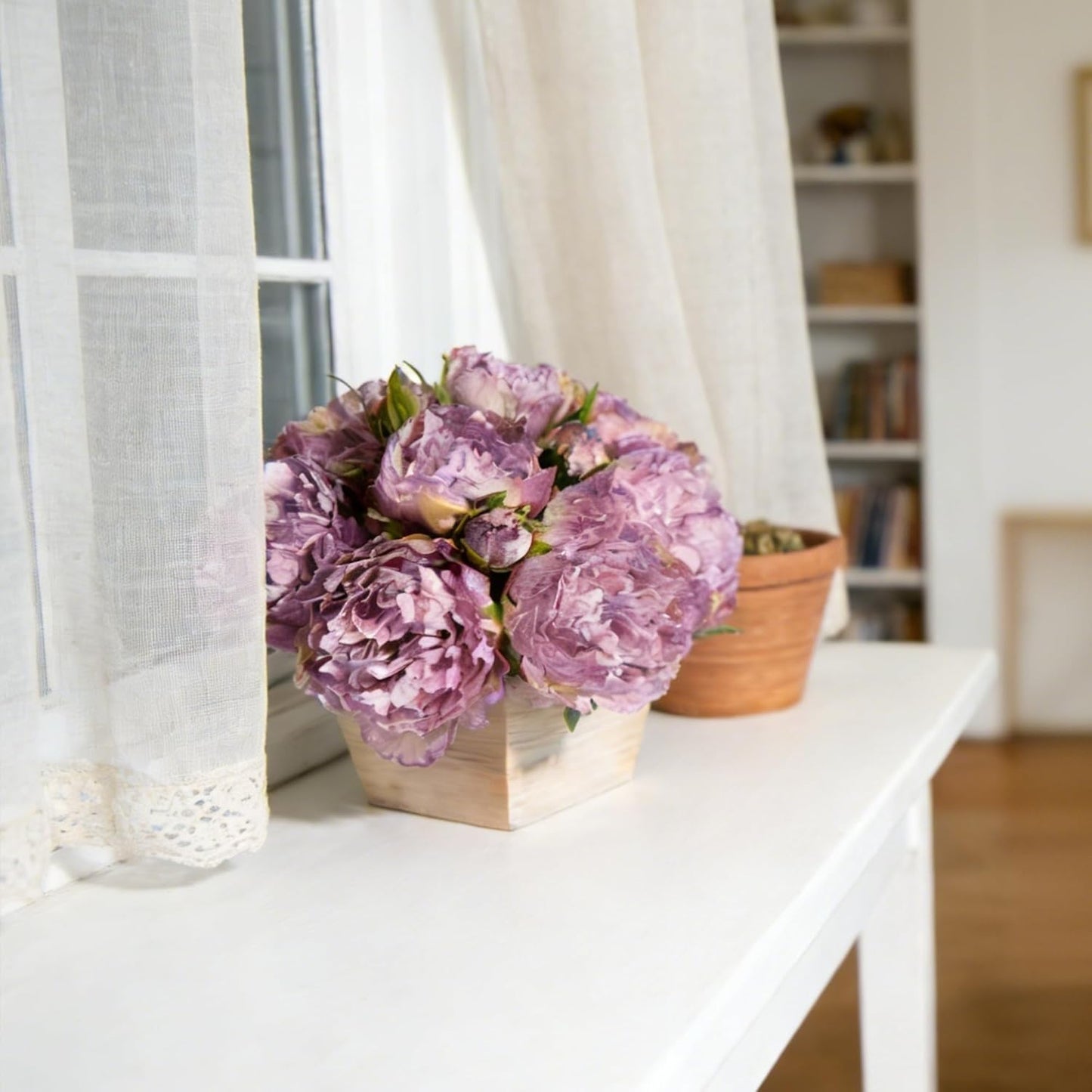Peonies Artificial Flowers with Wood Pot, 12Pcs Pink Silk Flower Home Decor, Centerpieces for Tables, Floral Bulk with Planter, Lifelike Peony for Windows Office Dinning Room Bookshelves
