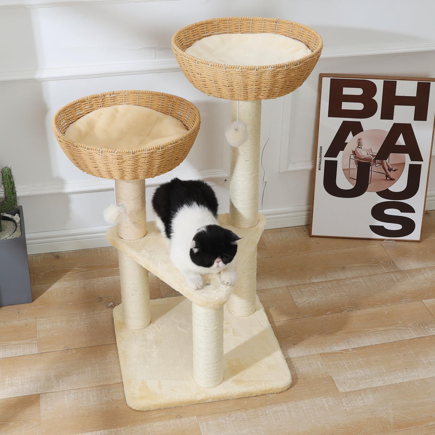 SHENGOCASE Cat Tree Tower with Rattan Wicker Basket, 2 Handwoven Large
