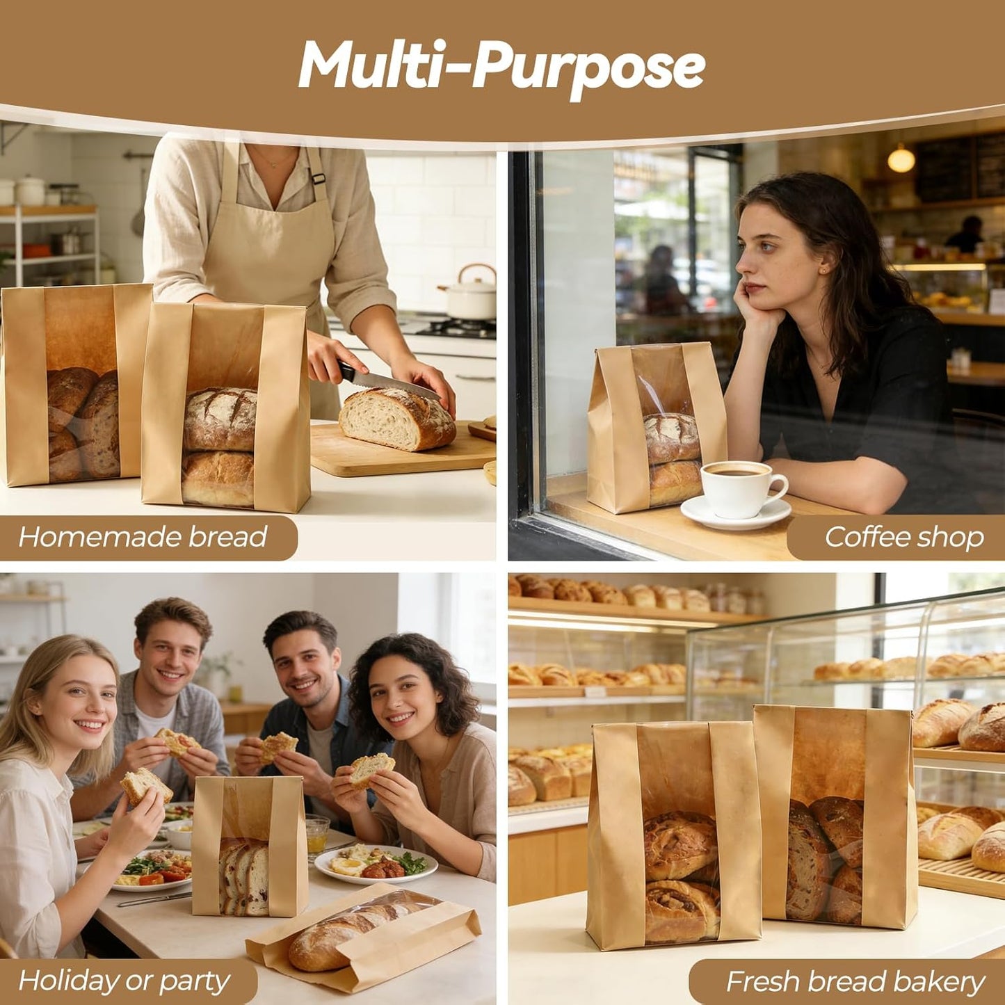 Tripho 100 Pcs Bread Bags for Homemade Bread with Clear Window & 120 Stickers, Sourdough Bread Bags for Storage of Bread,Cookies & Snacks, Large Bakery Paper Bags