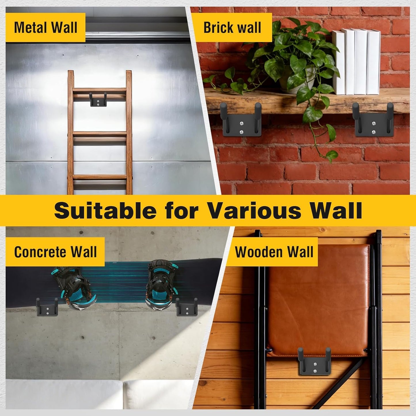 2 Pack 14“ Garage Hooks Heavy Duty, Wall Mounted Tool Hangers for Ladders, Ladder Hooks for Garage Wall, Bicycles, Power Tools, Car Tires, Chairs, Garden Tools and More