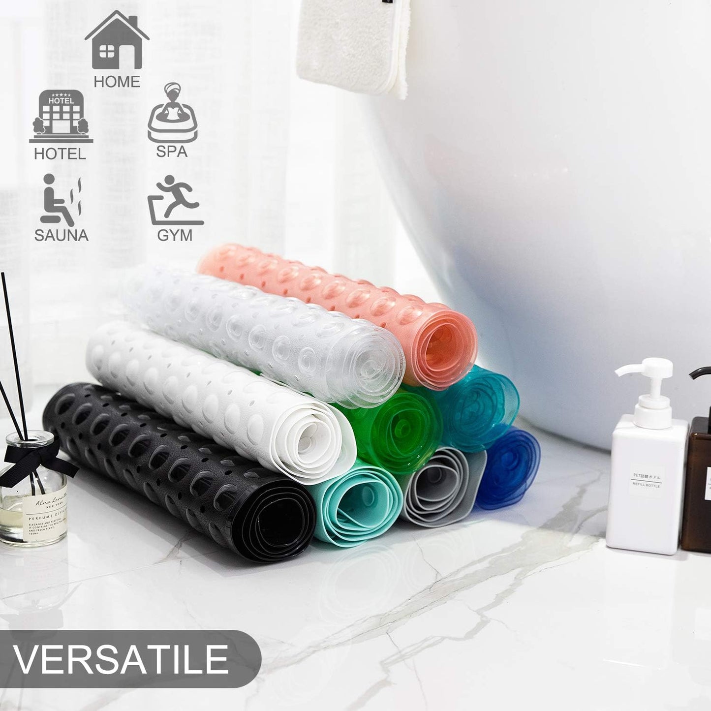 Bathtub Mats for Shower Tub, Extra Long Non-Slip 39 x 16 Inch Bath Mat with Drain Holes and Suction Cups, BathMat for Bathroom with Machine Washable (Clear Grey)