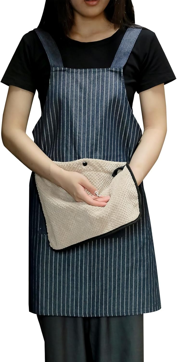 Welan Apron for Women with Pocket, Cross Back No Tie Pinafore No Tie f