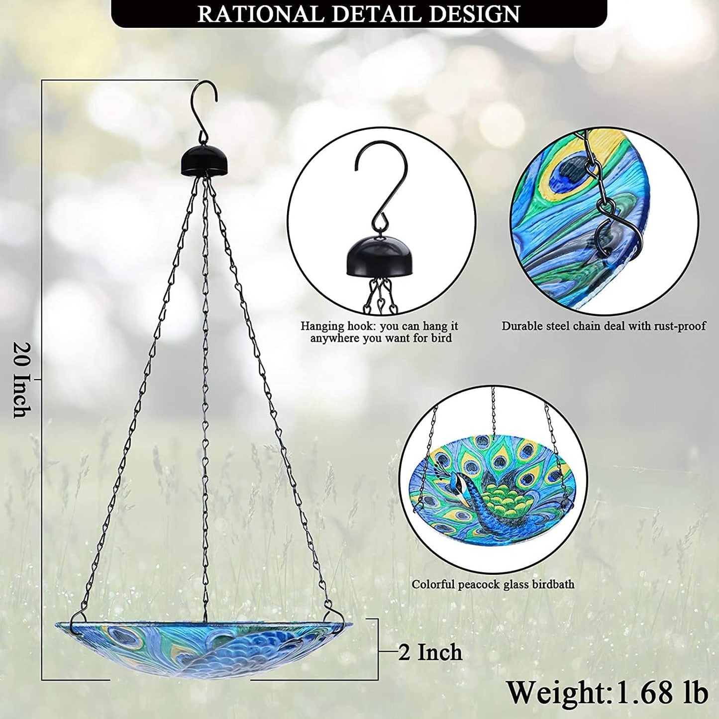 VCUTEKA Bird Bath Hanging for Outdoor Glass Small Bird Feeder Bowl Gar