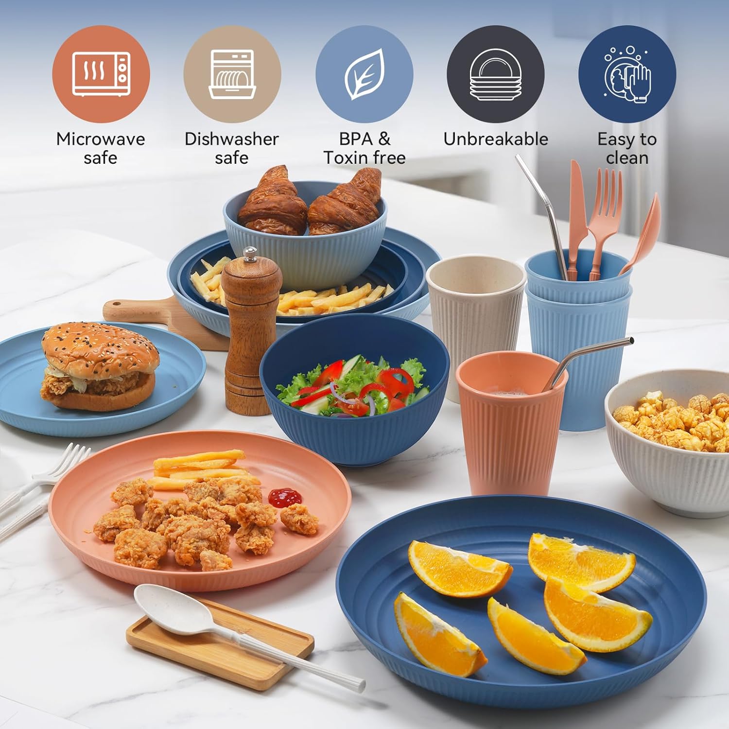Wheat Straw Dinnerware Sets,64-Piece Black Plates and Bowls Sets for 8