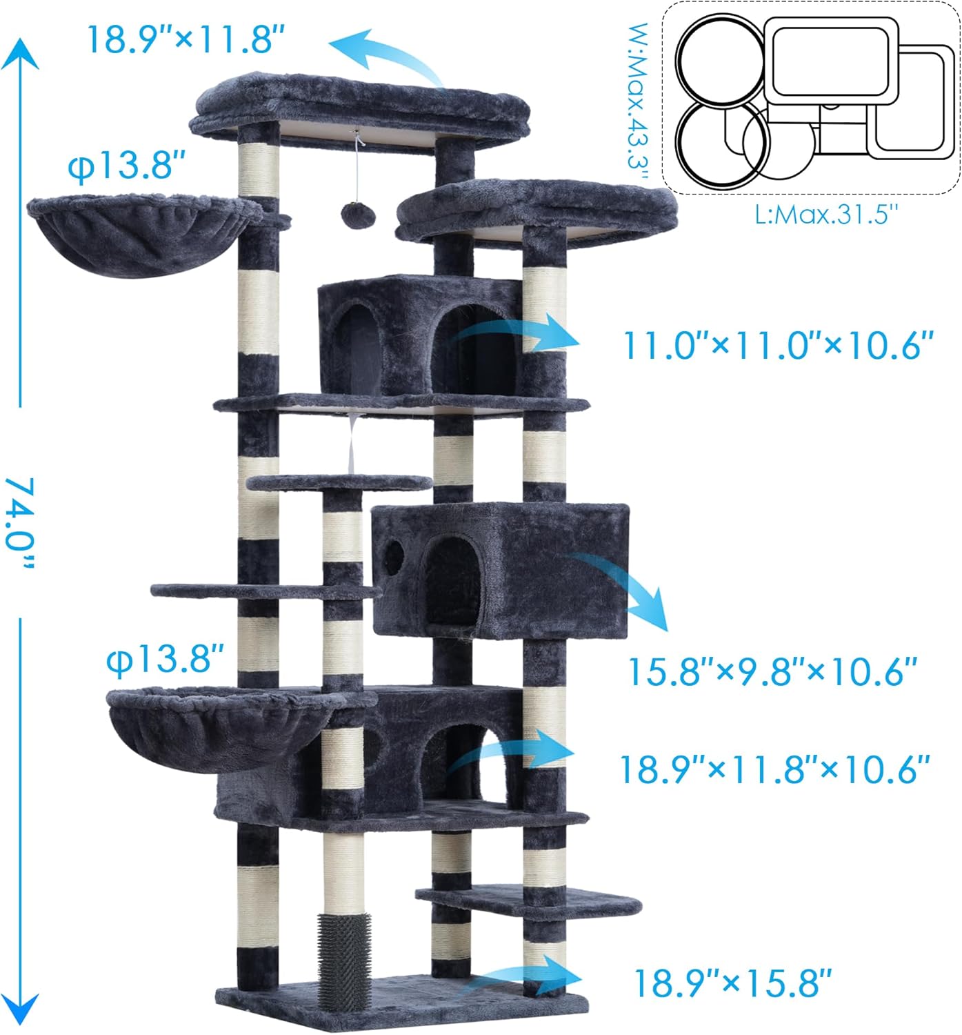 Hey-brother Cat Tree, 74 inches Multi-Level XL Large Cat Tower for Ind