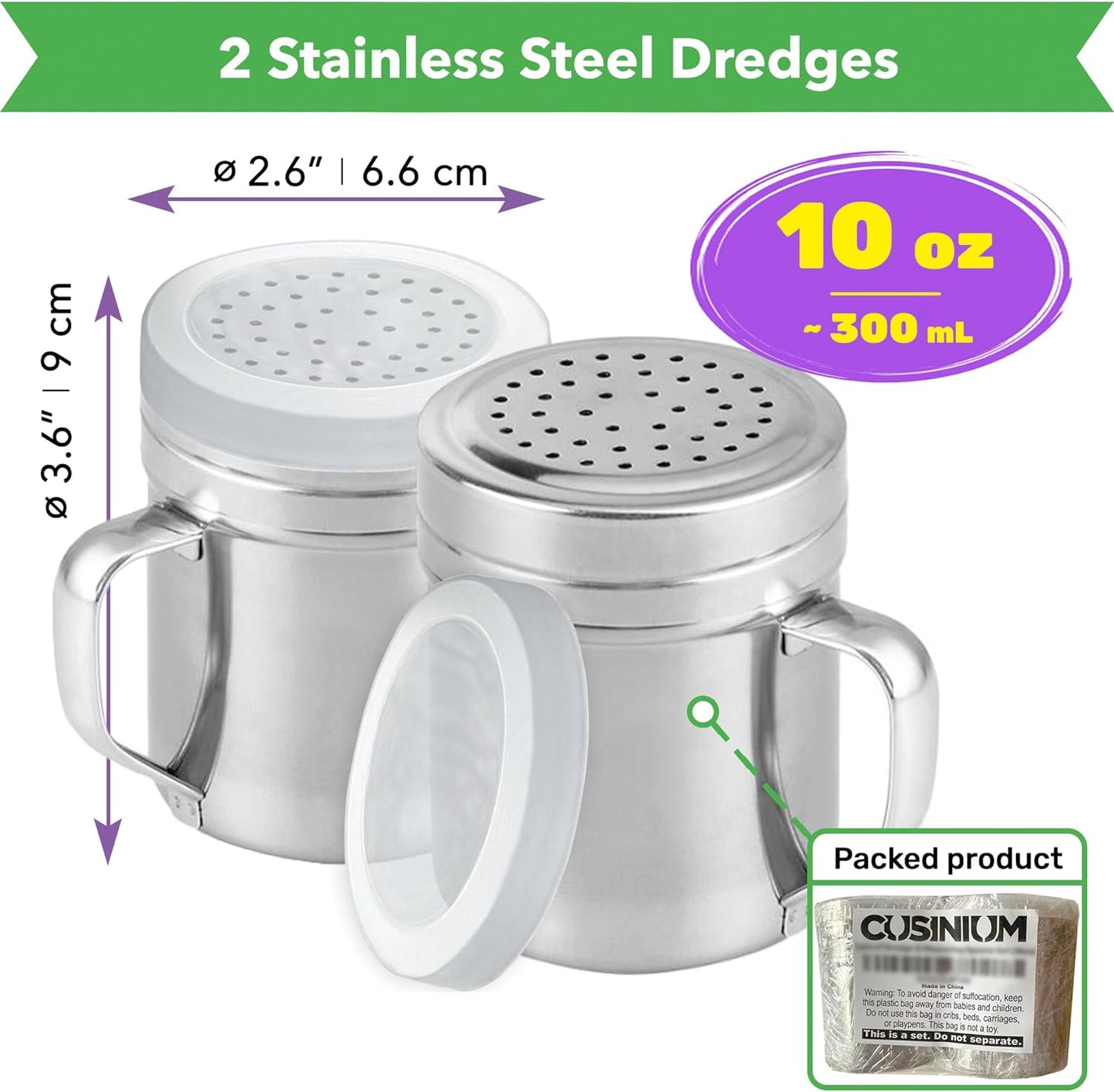 CUSINIUM Metal Salt Pepper Dredge Shakers - With Handle - Seasonings Spice Shakers With Holes and Lids - 10 Ounce, 2pcs | Style: Medium