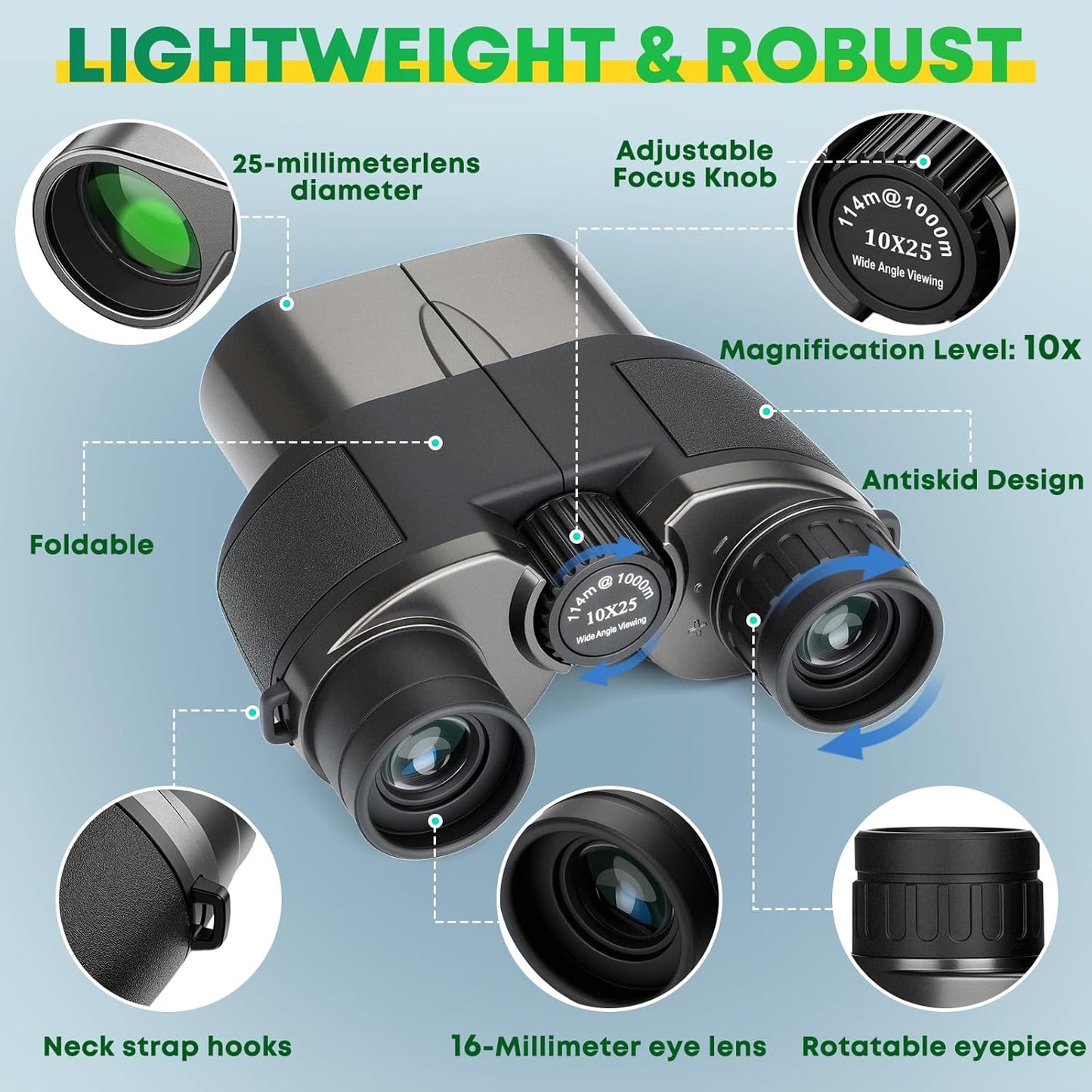 10X25 Compact Binoculars for Adults, High Power Clear Vision, Easy Focus & Durable Design with Low Light Vision for Bird Watching, Hiking, Travel, Concerts & Outdoor Adventures