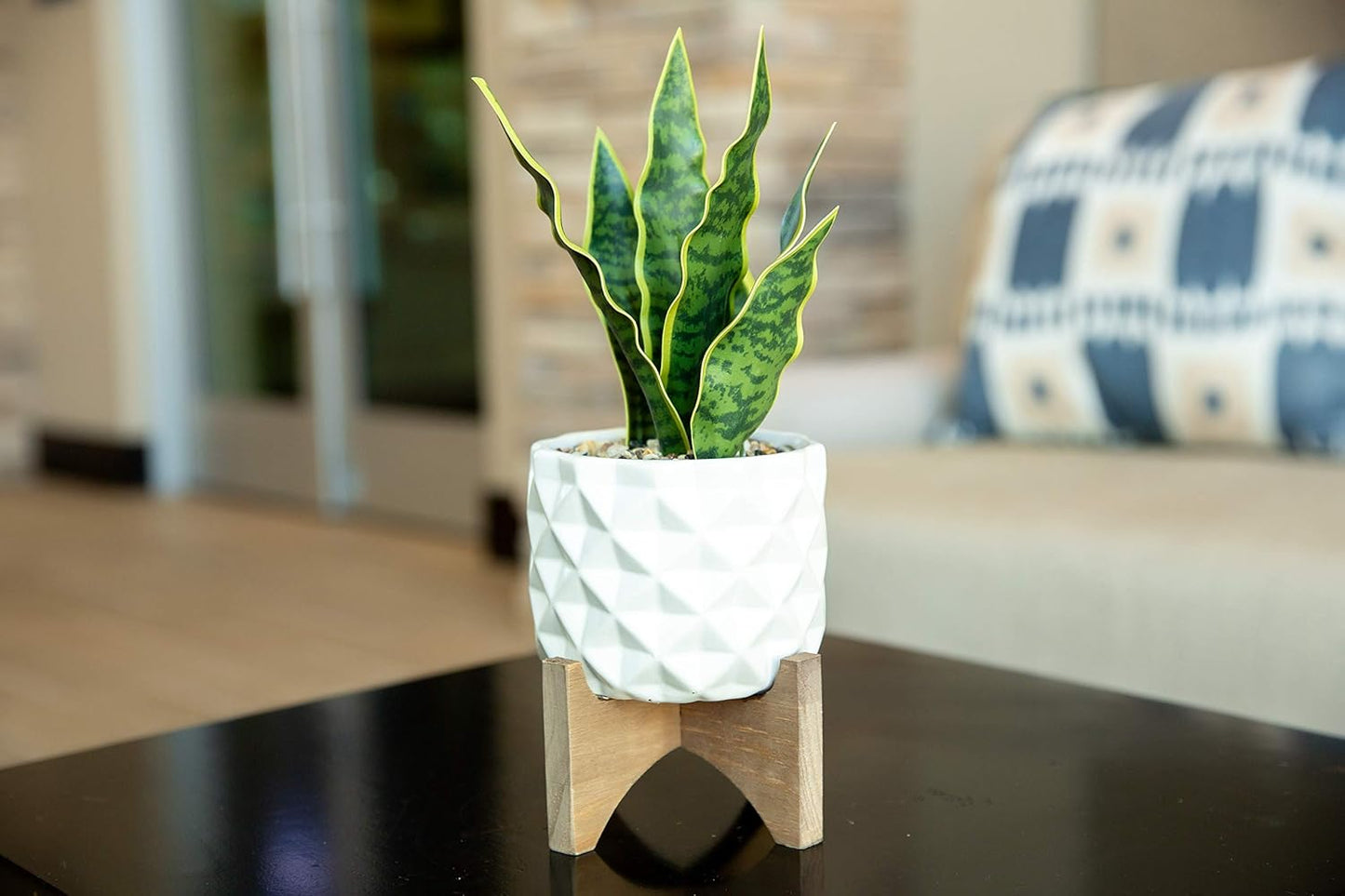 Flora Bunda Large 12" Realistic Looking Artificial Snake Plant in Dimple Ceramic Pot with Wooden Stand for Outdoor Indoor Home or Office Décor Artificial Plant, Fake Plant