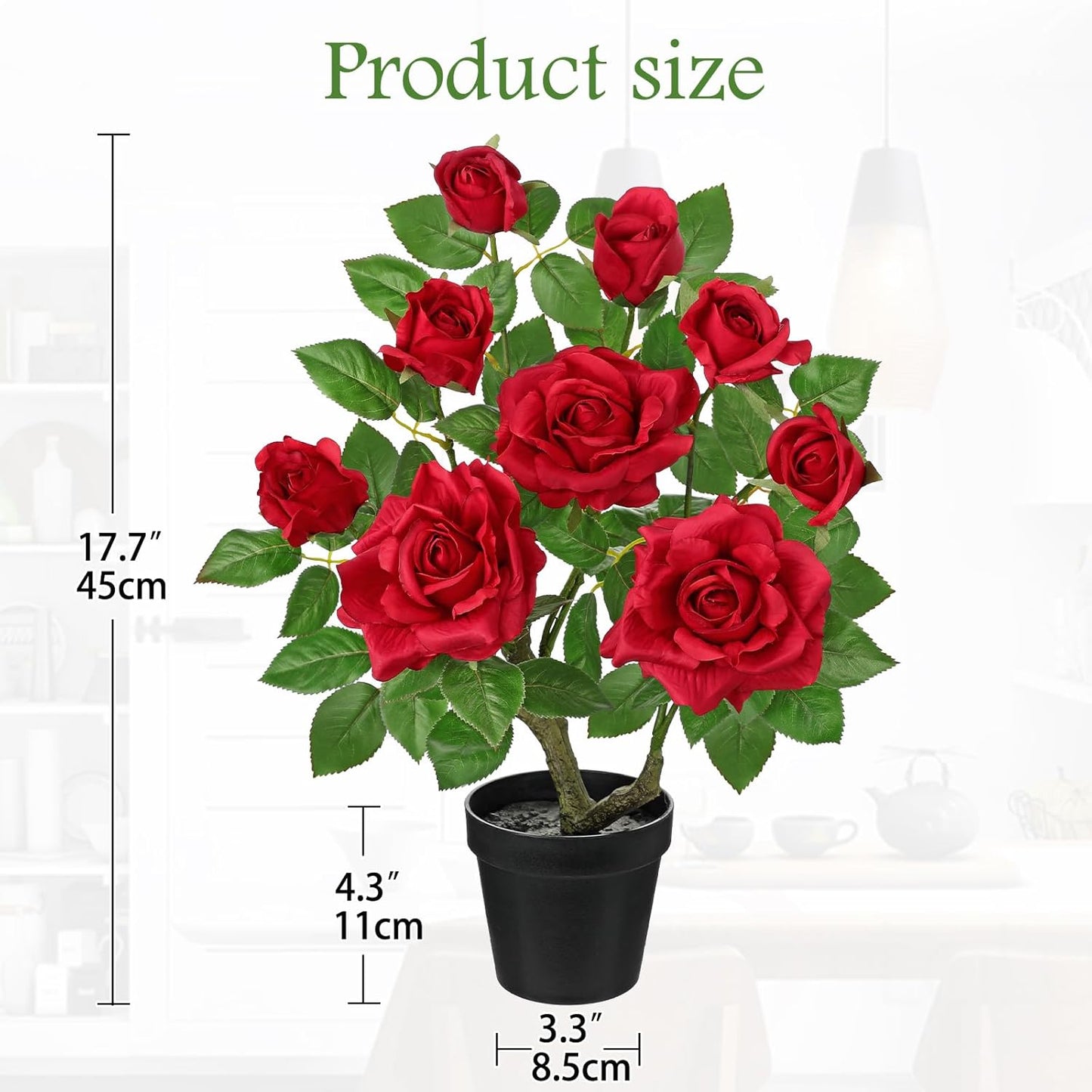Artificial Rose Flowers Potted Plant - 17.7" Small Fake Red Roses Tree with Black Pot Indoor Outdoor Faux Plants & Flowers Silk Rose Flower Floral Arrangement for Home Table Kitchen Office Decor