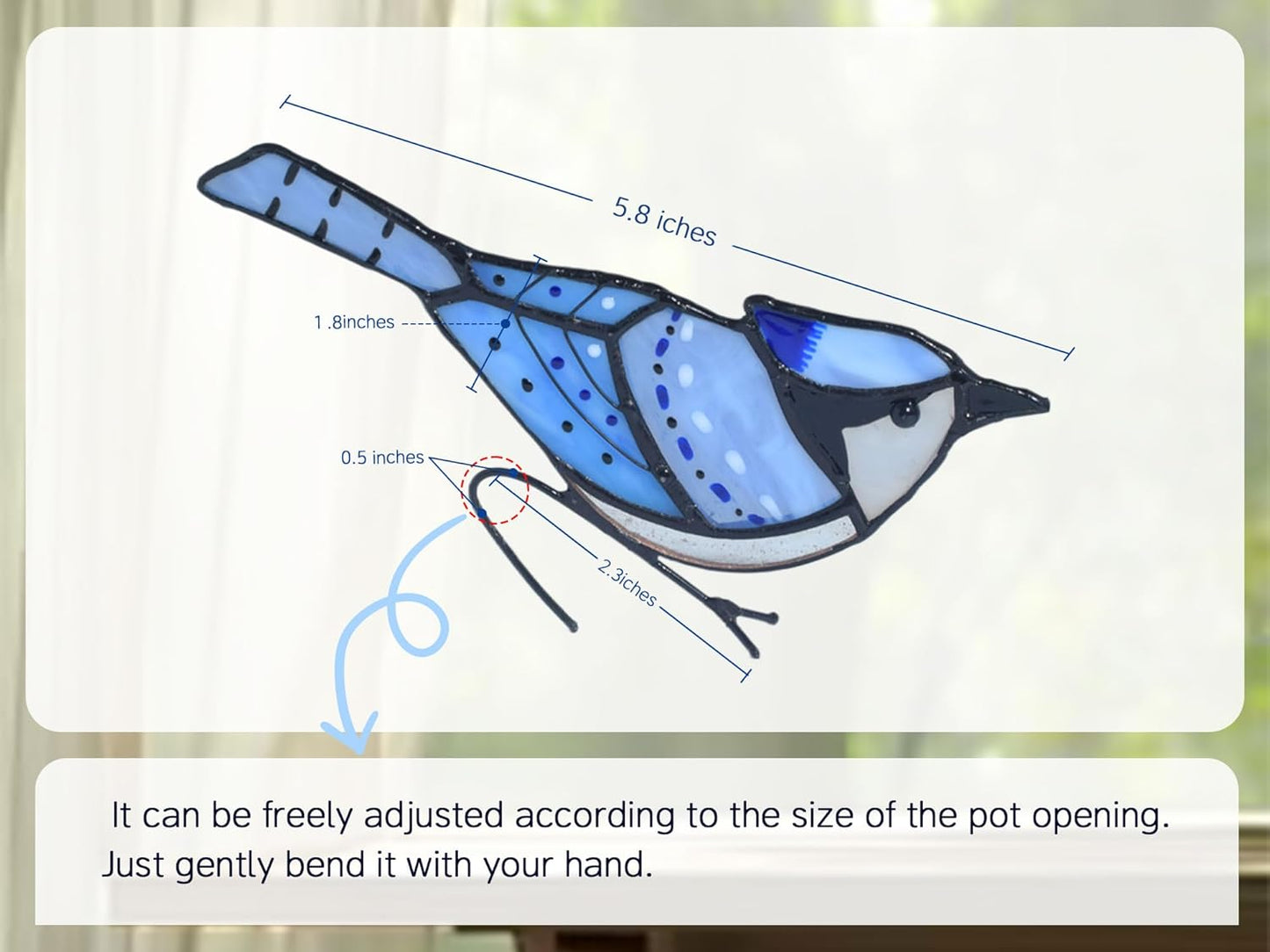 Lolitarcrafts Blue Jay Stained Glass Suncatcher for Pot Plant Decoration - Unique Planter Decor, Home Office Plant Decoration