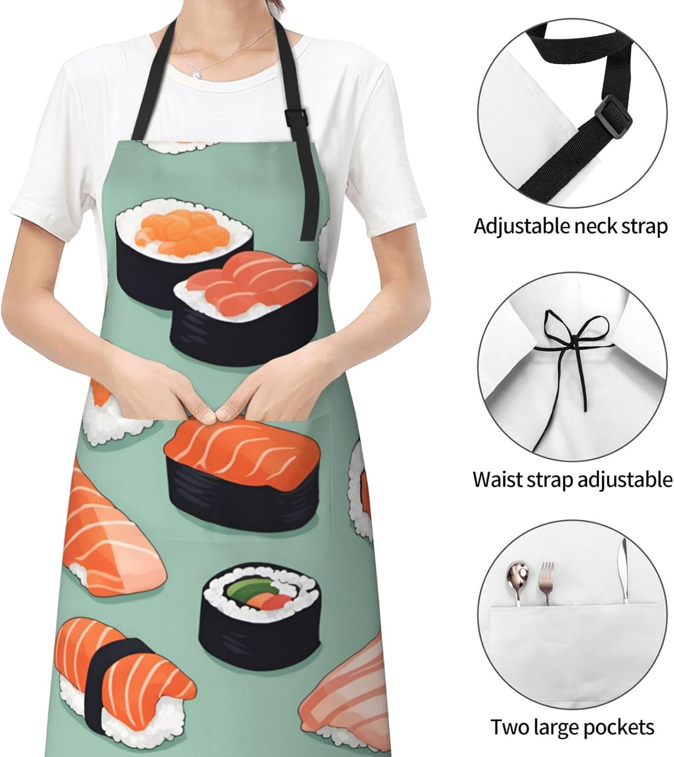 Delicious sushi 1 print Waterproof chef's apron with pocket apron for kitchen cooking baking barbecue and gardening