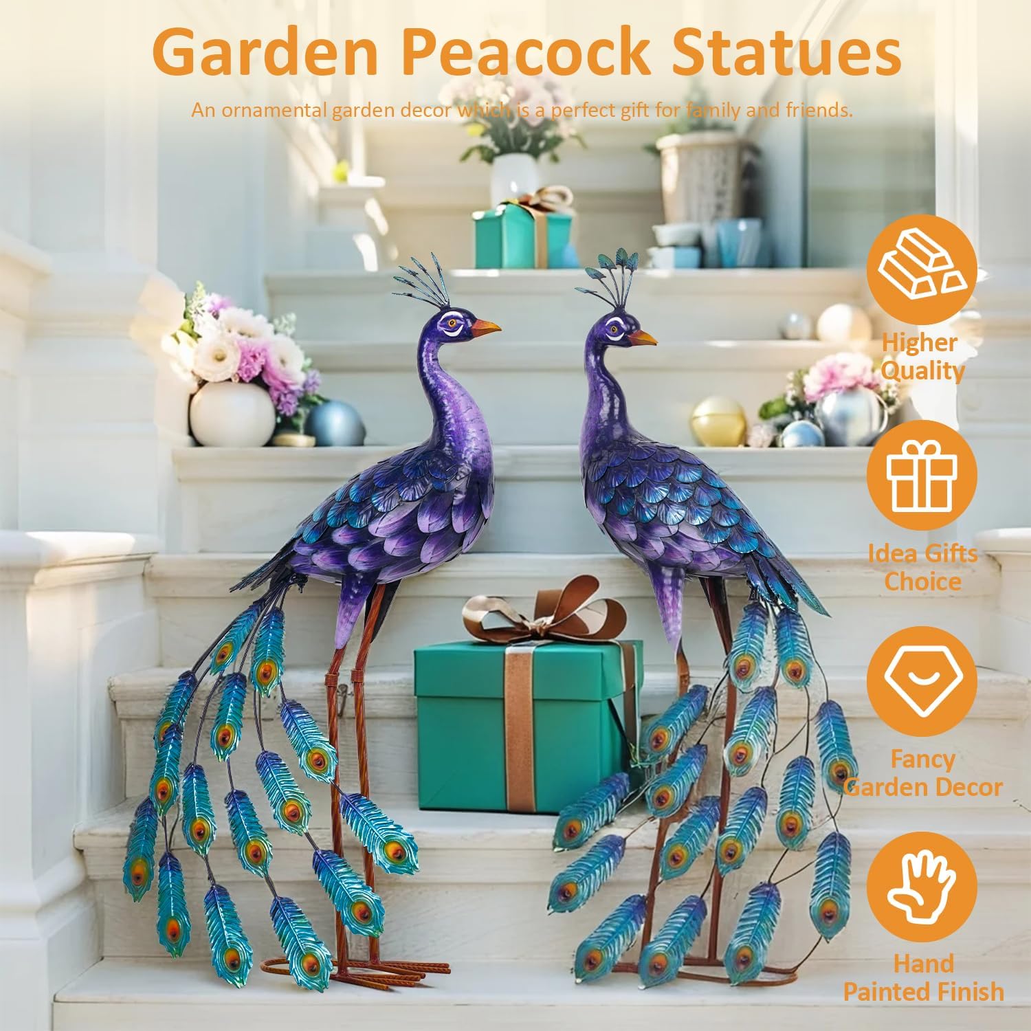 Kircust Purples Peacock Garden Statue and Sculpture, Metal Peacocks Ya