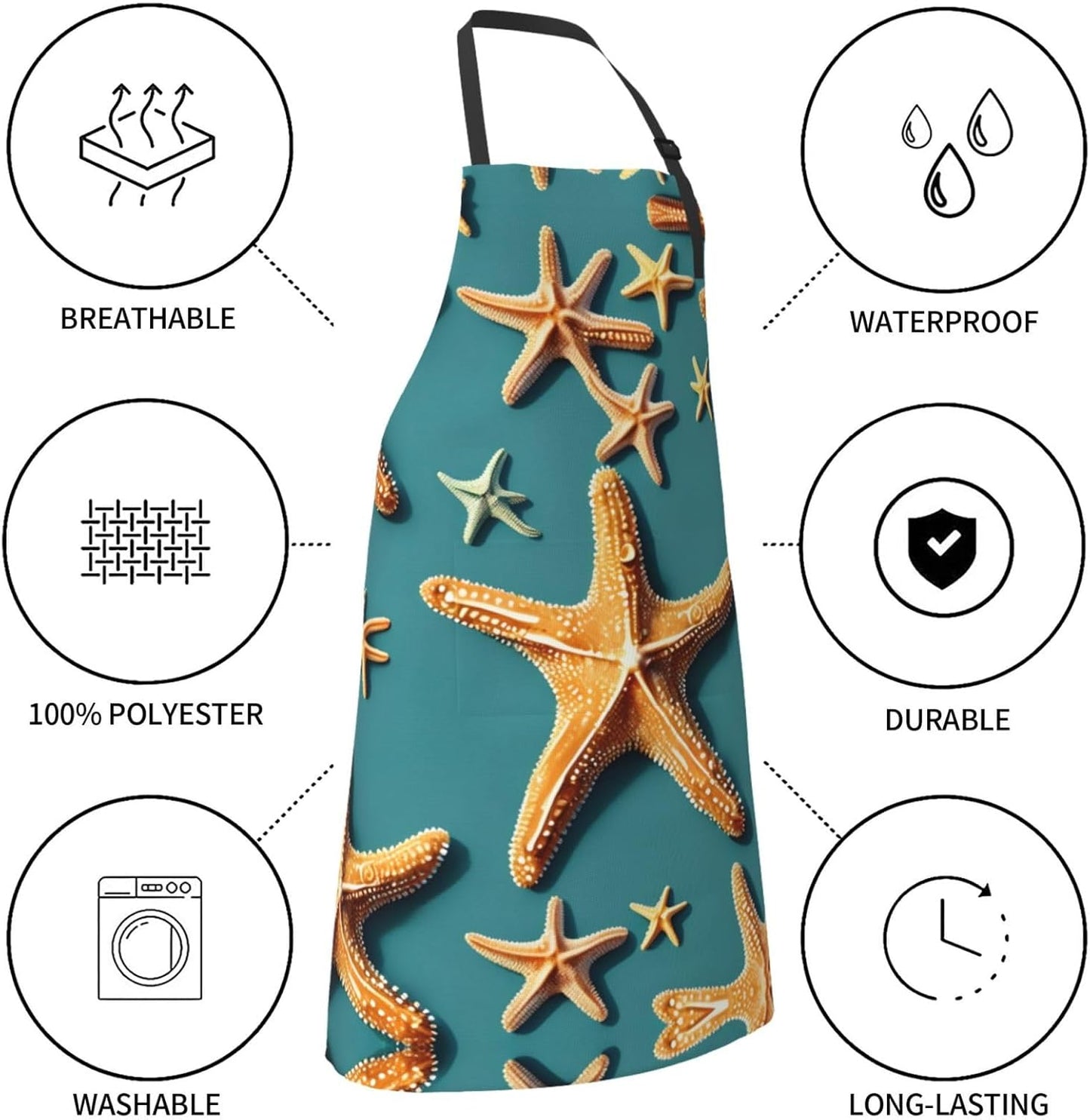 Beach Starfish Print 28x33 In Adult Kitchen Apron with Pockets Versatile Chef Smock for Cooking Baking